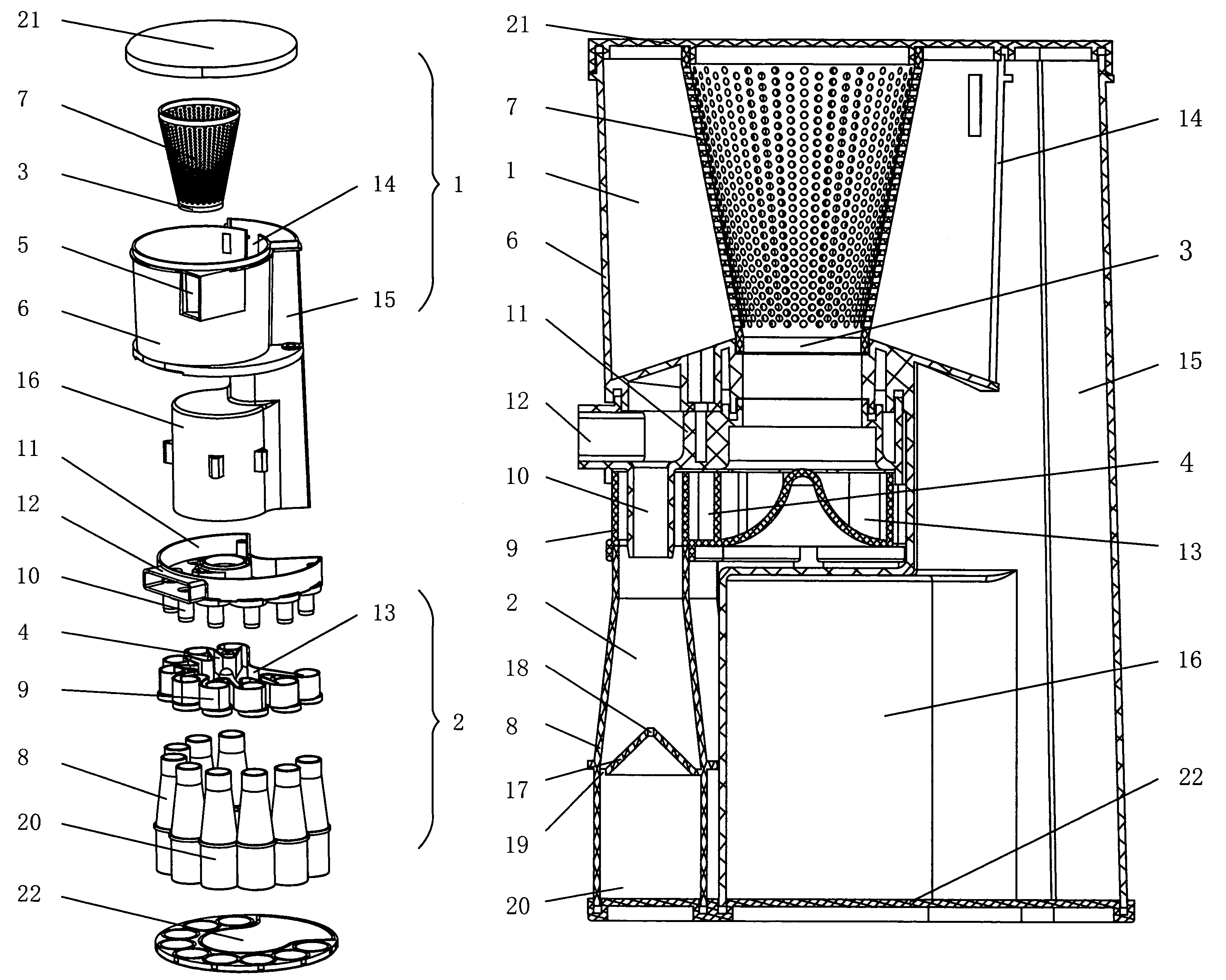 Subsection dedusting device for a vacuum cleaner