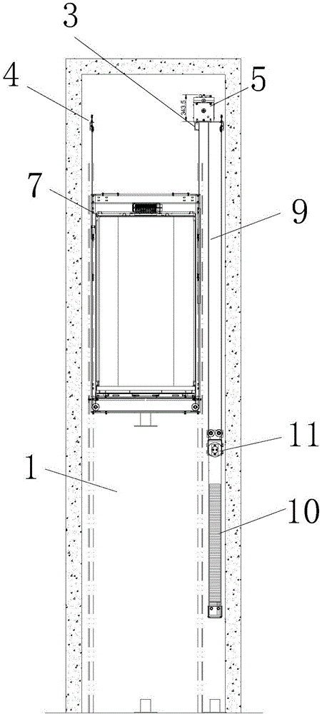 Traction type steel belt driving suspension type passenger elevator free of machine room