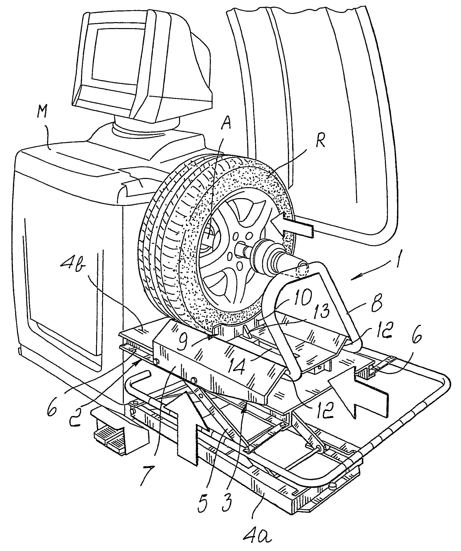 Lifting device for fitting vehicle wheels on wheel balancers