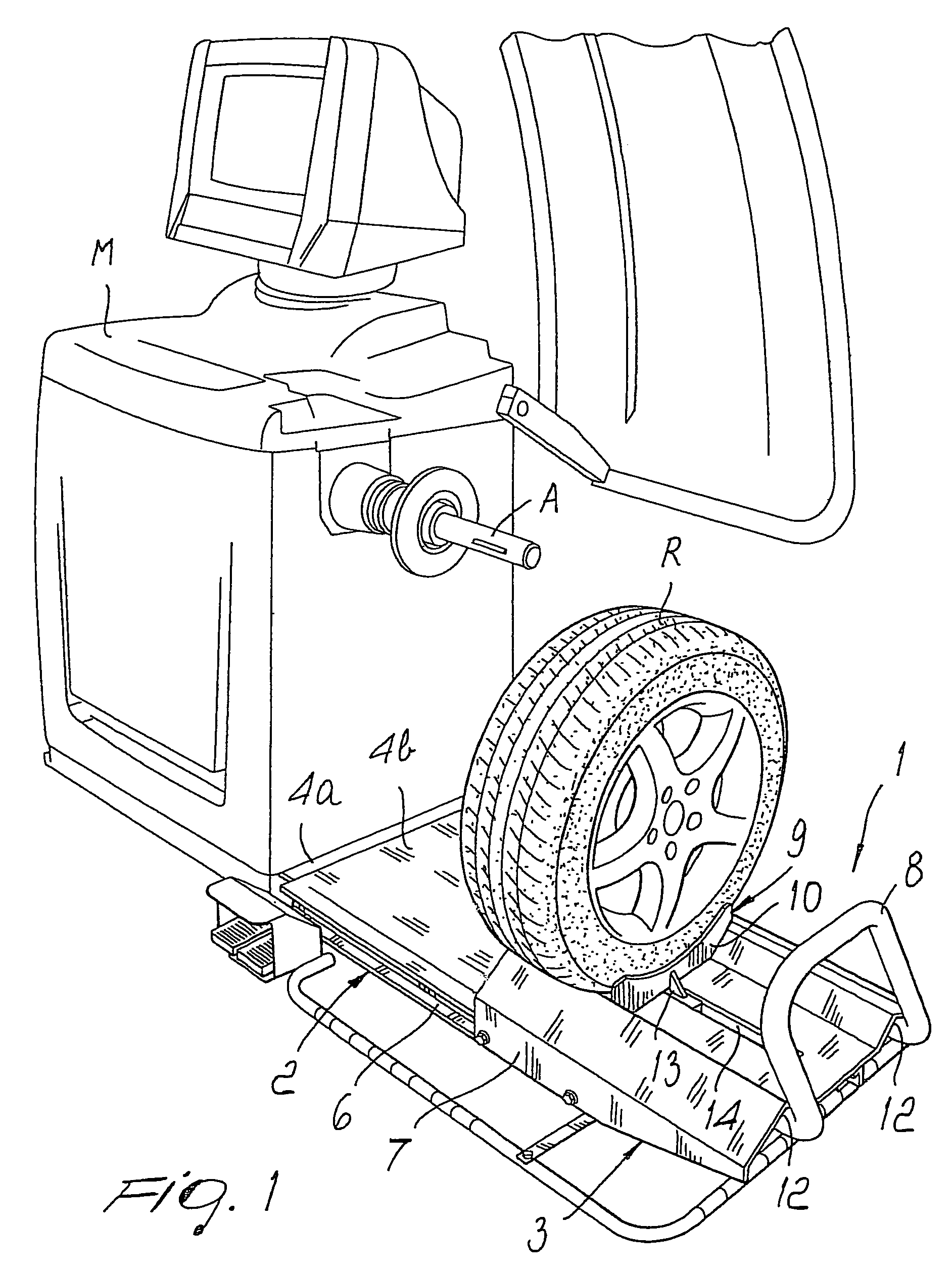 Lifting device for fitting vehicle wheels on wheel balancers