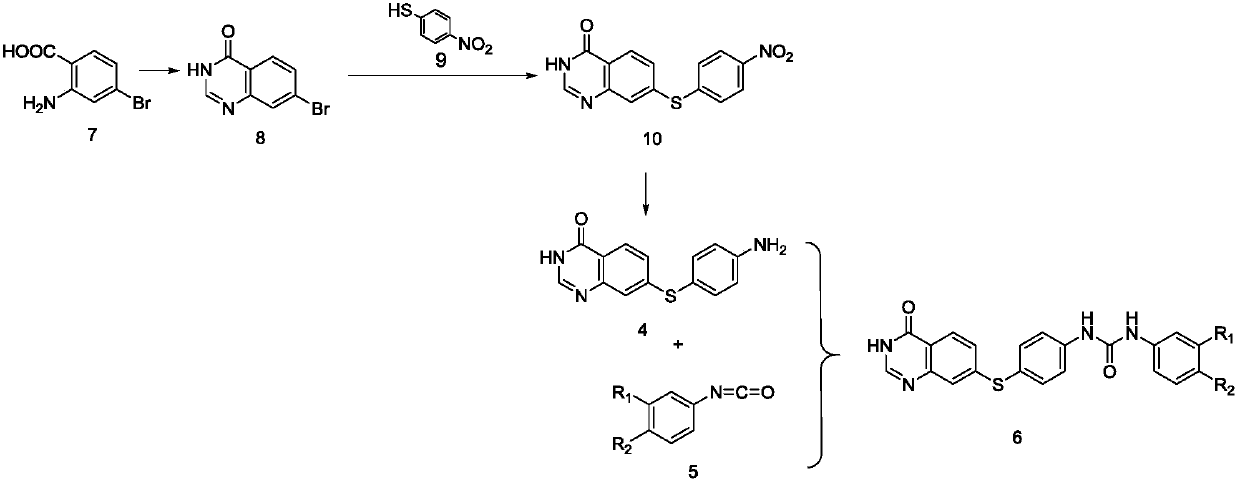 Quinazolinone-containing diaryl urea compound and preparation method and application thereof