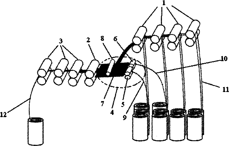 Overhead drawing device for segment colored cotton sliver production and method for segment colored cotton sliver production