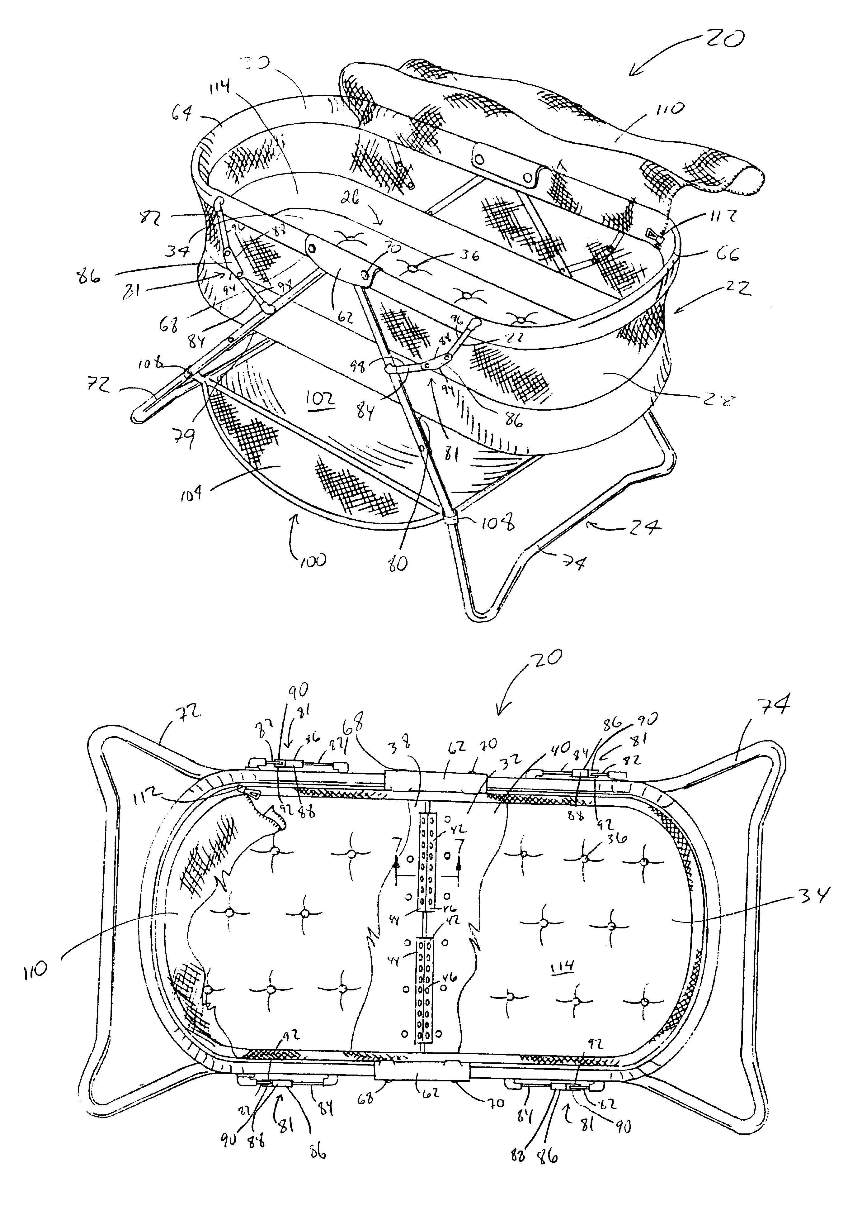 Foldable bassinet with suspended floor hinge