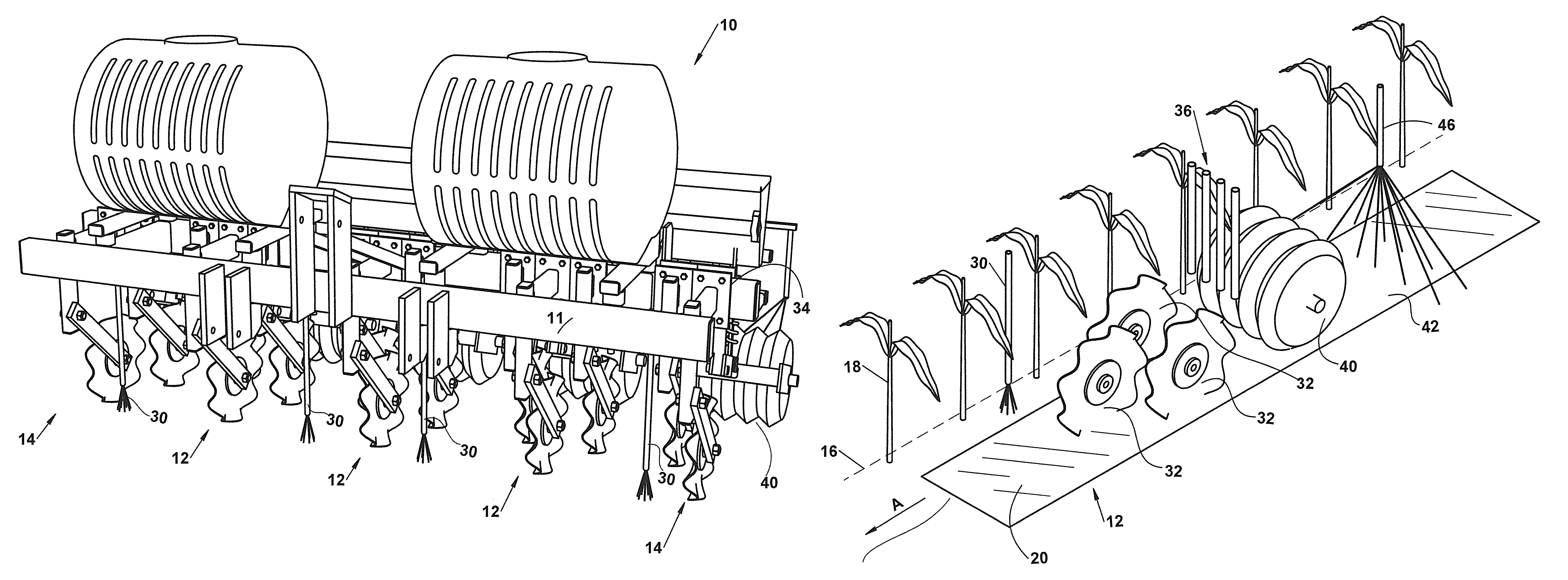 Apparatus and method for no-till inter-row simultaneous application of herbicide and fertilizer, soil preparation, and seeding of a cover crop in a standing crop