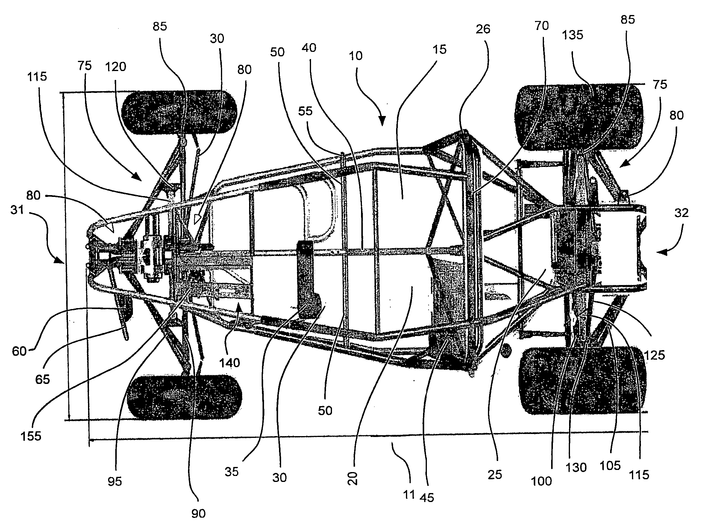 All terrain vehicle swept a-frame suspension and central support truss