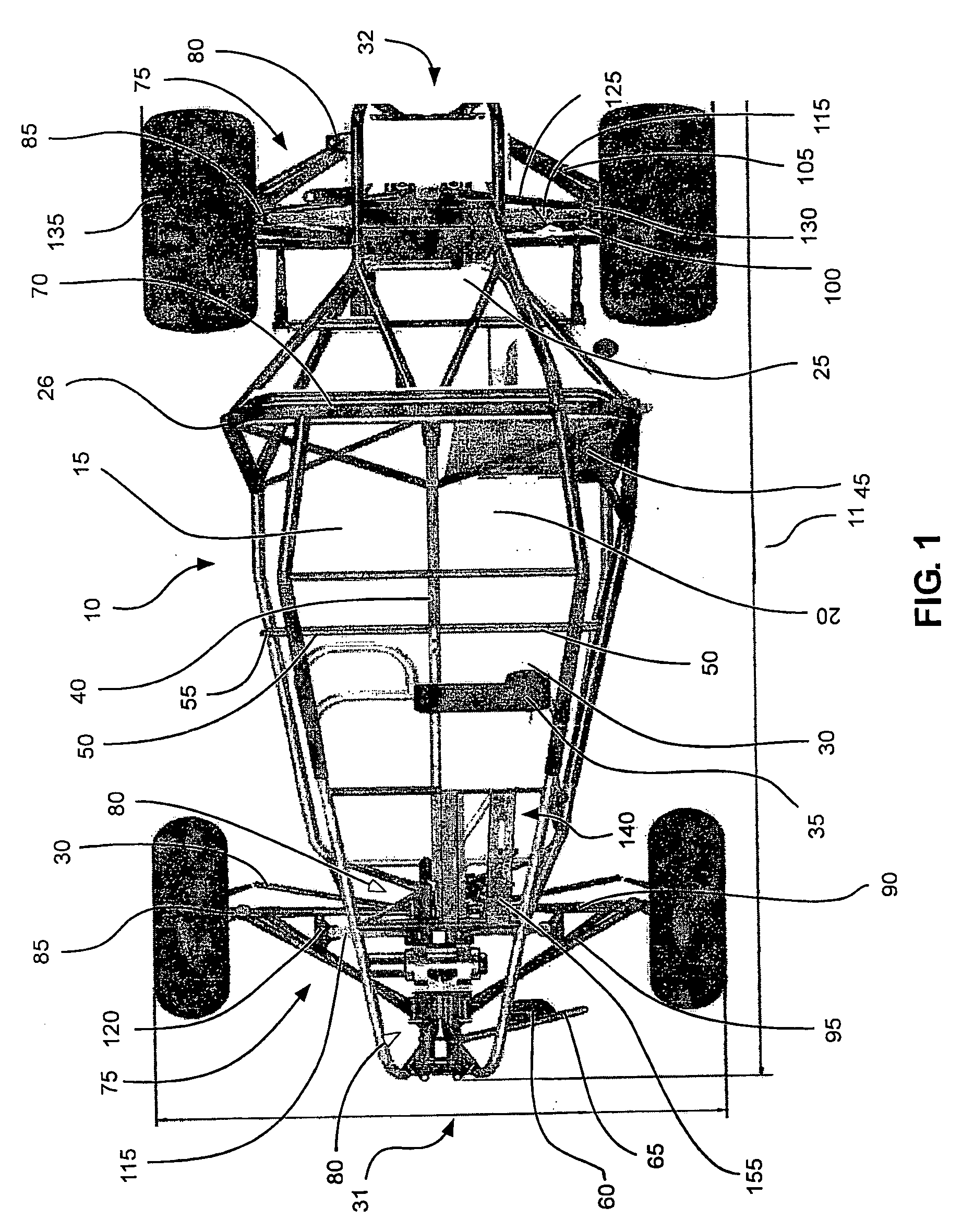 All terrain vehicle swept a-frame suspension and central support truss