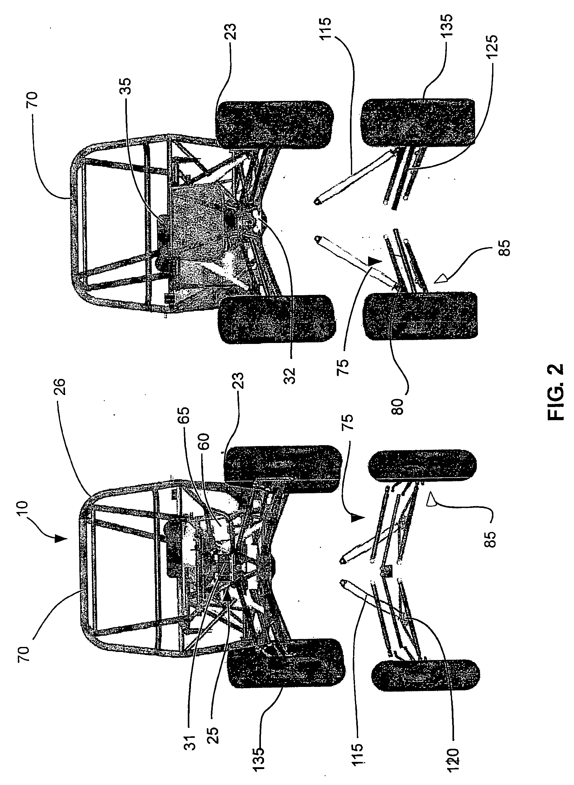 All terrain vehicle swept a-frame suspension and central support truss