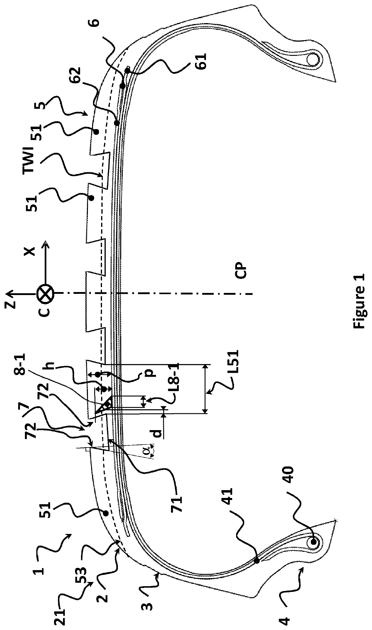 Tire comprising a tread having grooves with undercut side faces and reinforcing elements