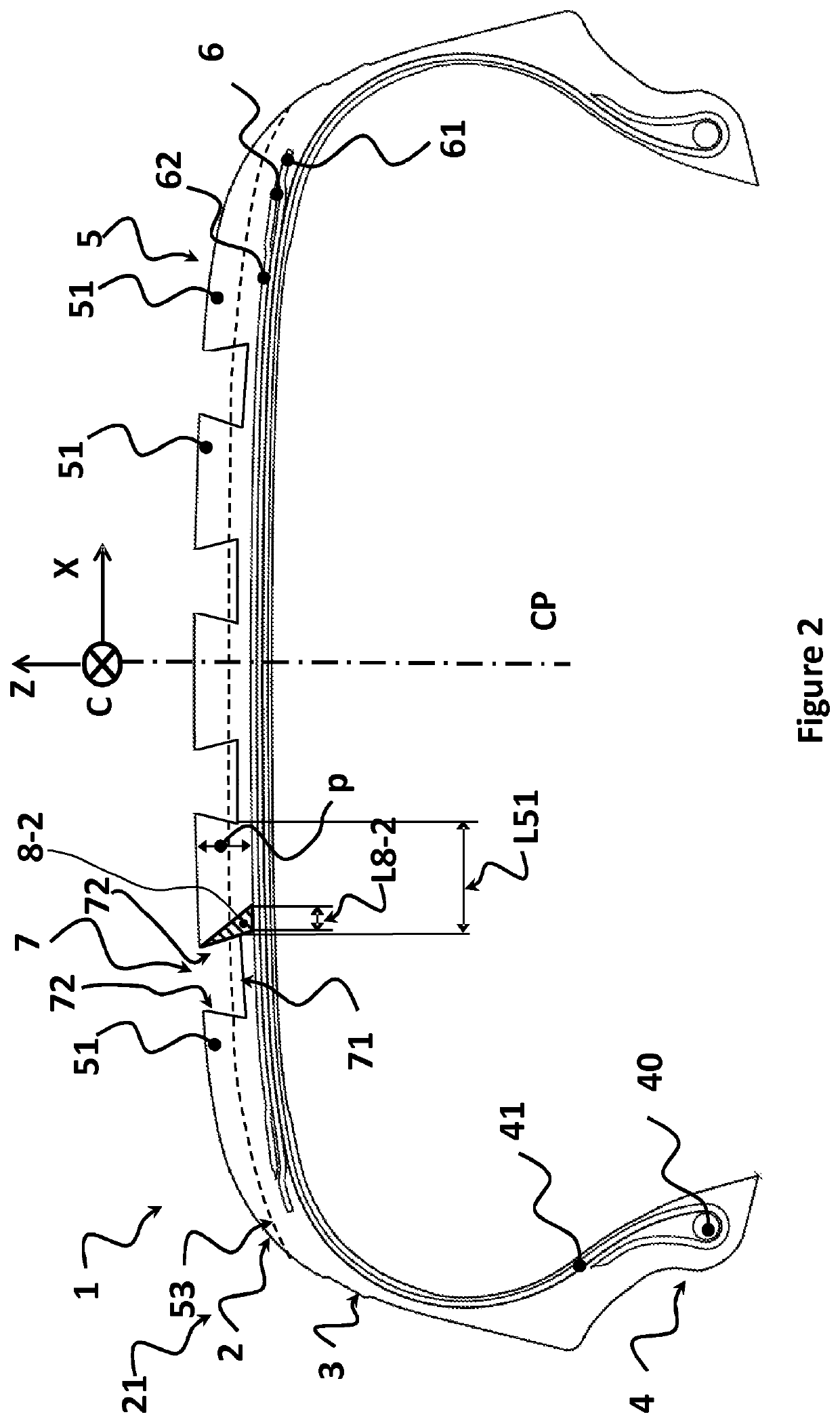 Tire comprising a tread having grooves with undercut side faces and reinforcing elements