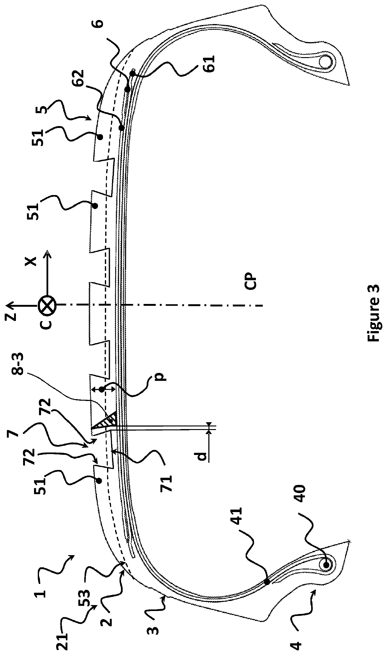 Tire comprising a tread having grooves with undercut side faces and reinforcing elements