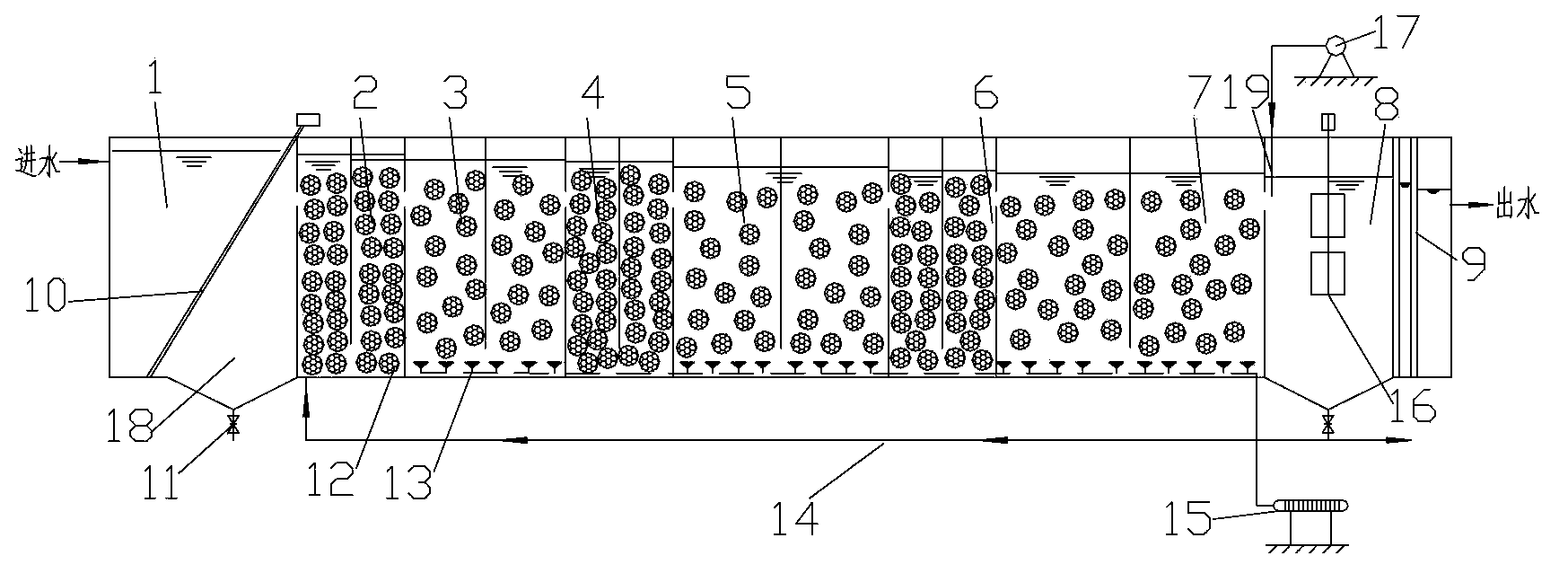 Integrated sewage treatment device with high efficiency and low consumption and treatment method