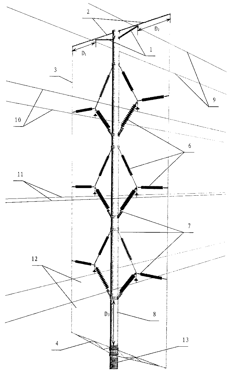 Vertically grounding down-leading method for external side of composite material tower and tower thereof