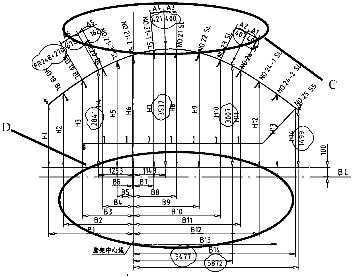 Mounting method of flitch with projection line control curved section curved plate