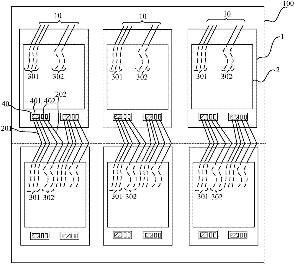 Array substrate, display panel, display device, large substrate and test method