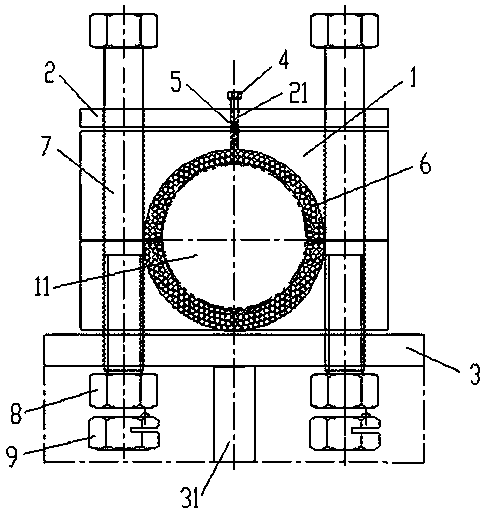 Anti-loosening and anti-vibration structure of hydraulic pipeline pipe clamp at vibration part in hydraulic system