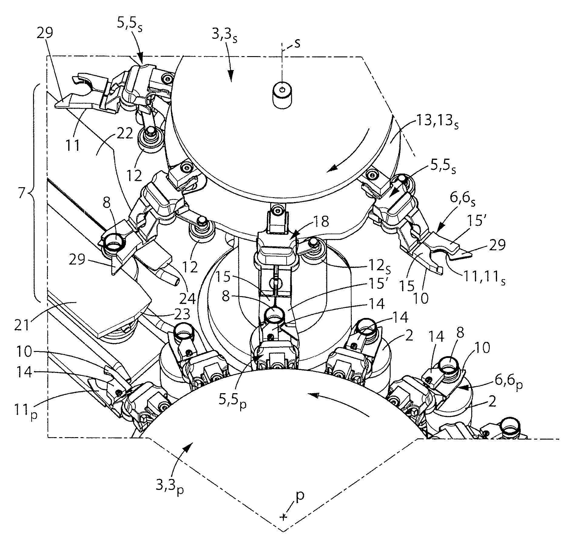 Vessel conveying device separating a main vessel flow into a plurality of secondary flows