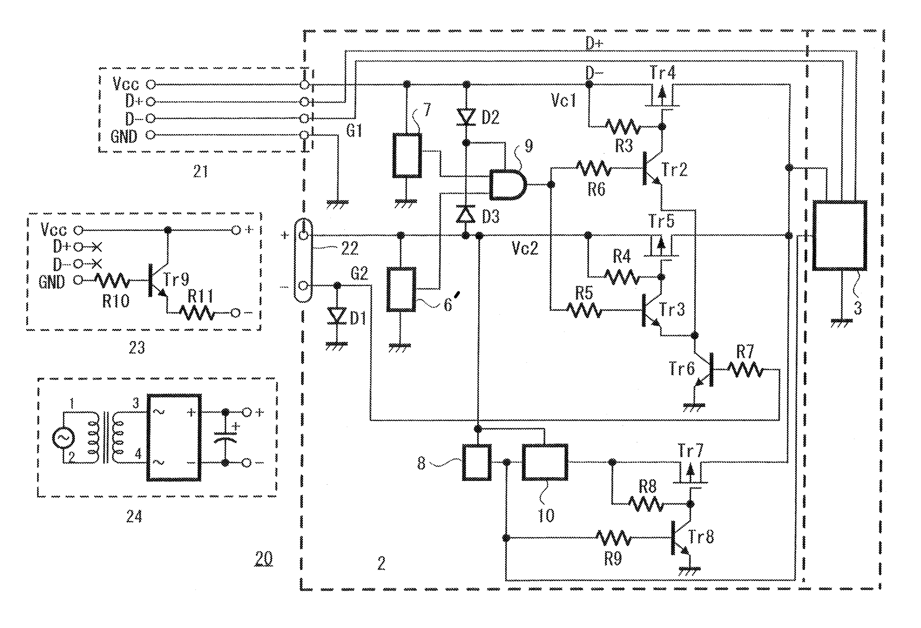 Electronic device including interface terminal and power supply cable connected thereto