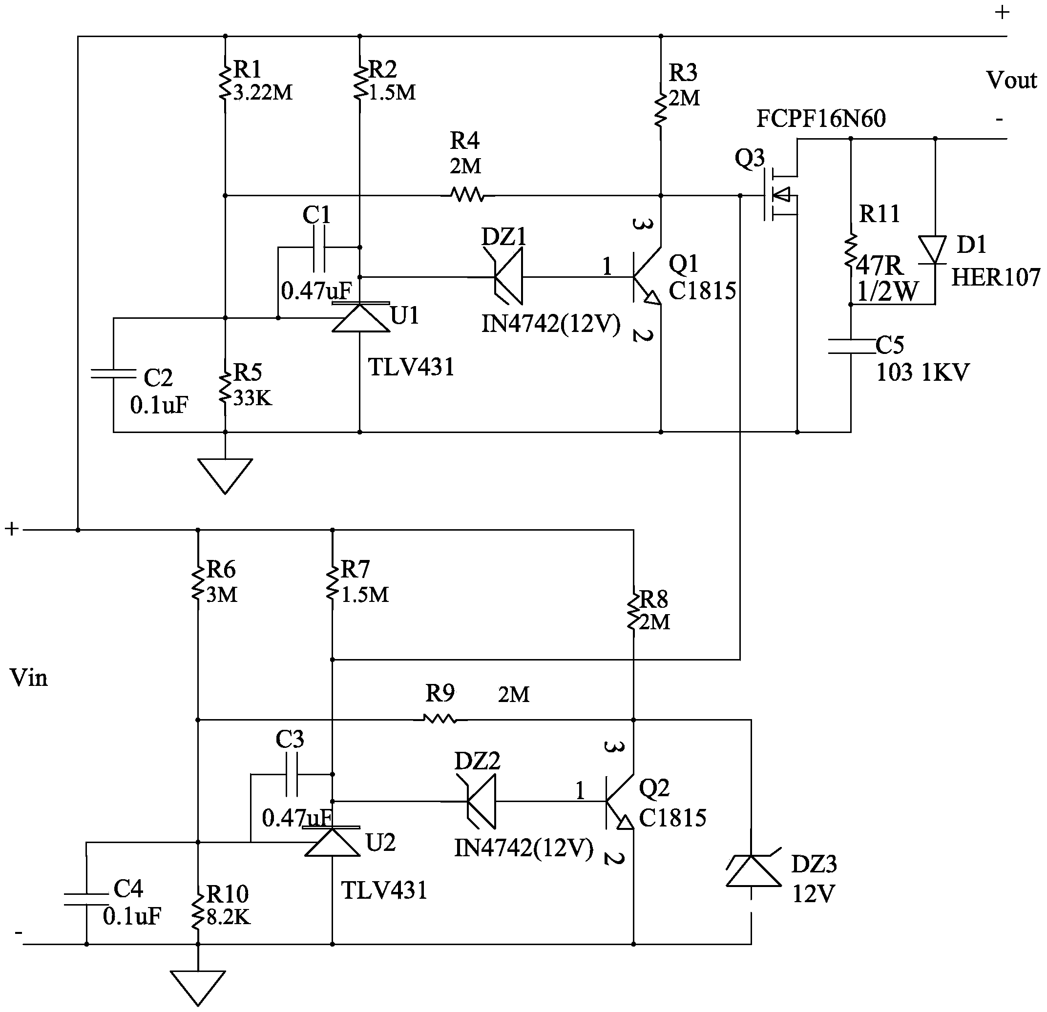 Overvoltage and undervoltage protective circuit based on three-end adjustable shunt reference source