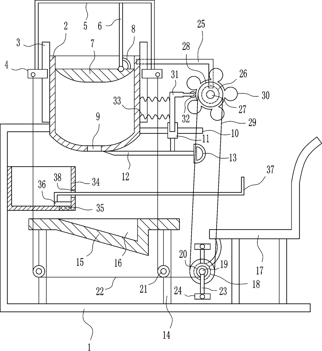 Elevating-type dough segmentation device used for wheaten food teaching