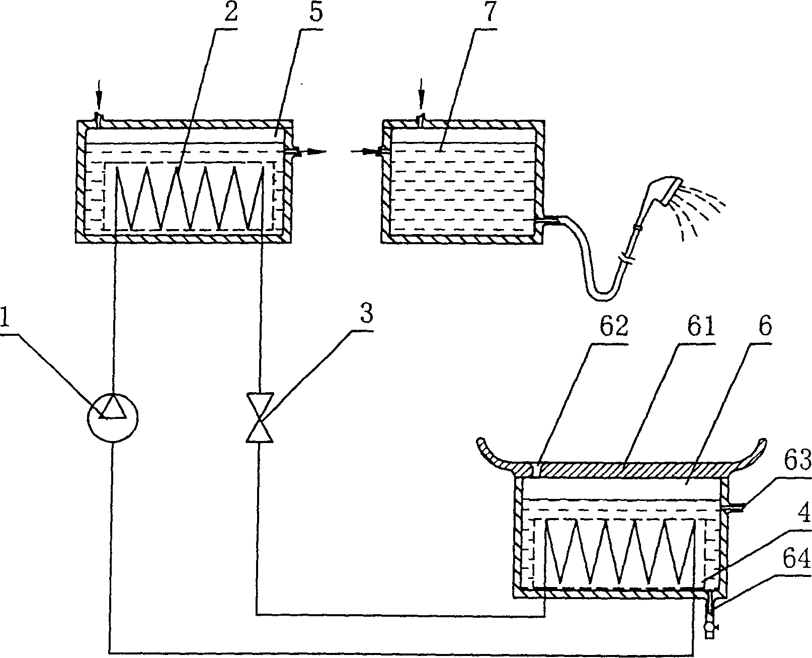 Shower waste water residual heat circulated usage device