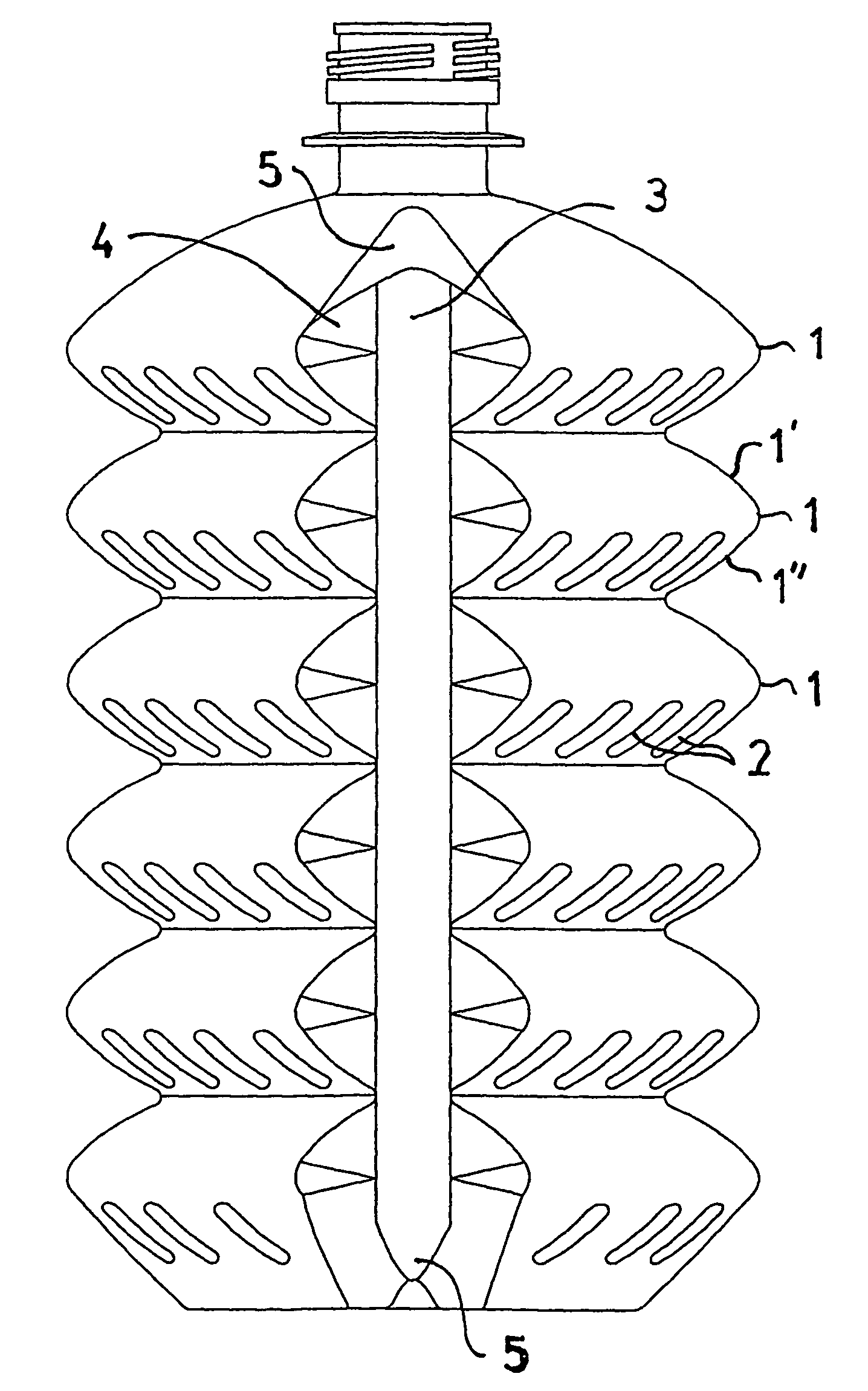 Plastic collapsible bottle with accordion-like arranged bellows ridges