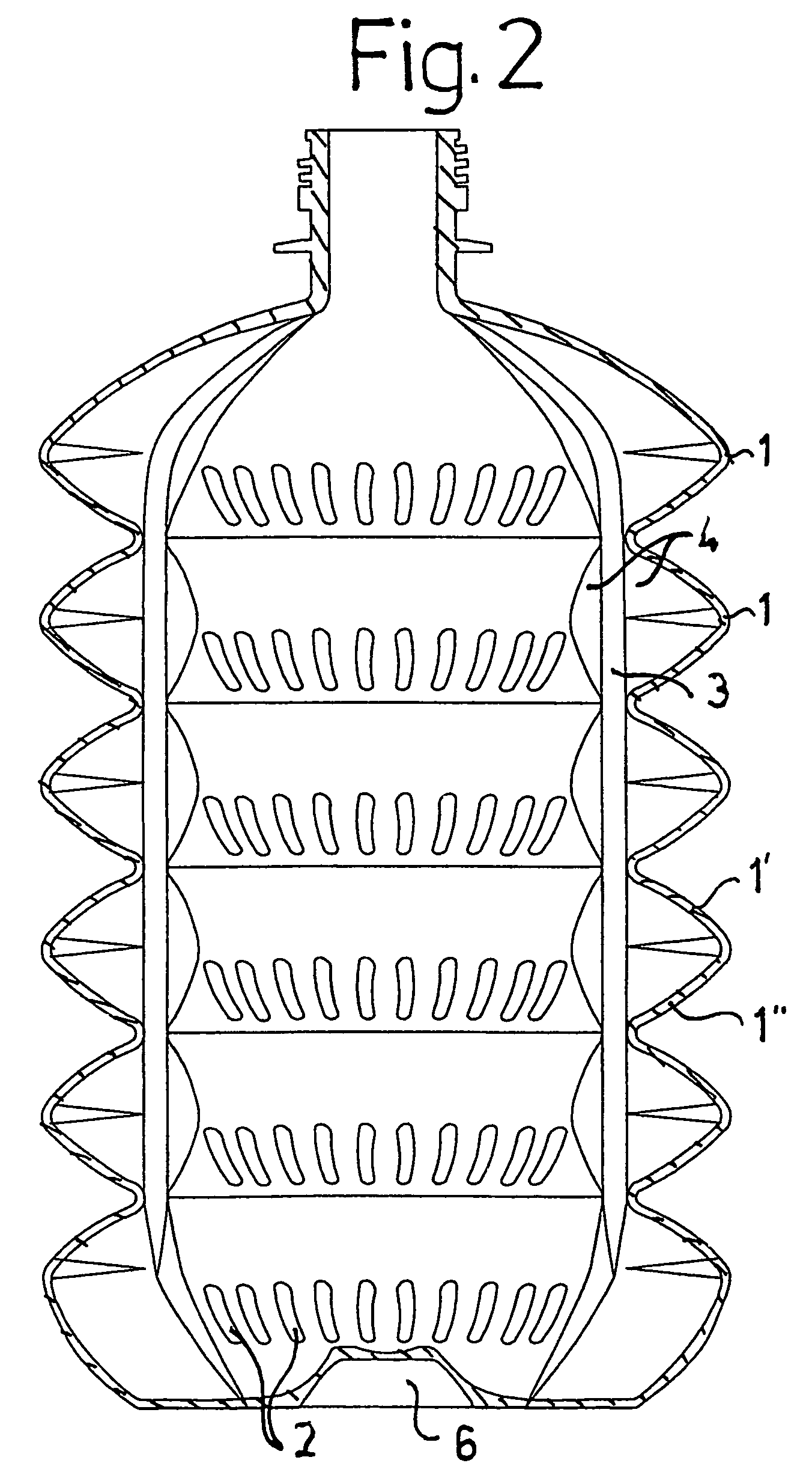 Plastic collapsible bottle with accordion-like arranged bellows ridges