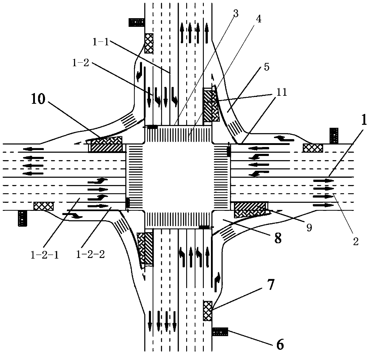 Road intersection diversion device with bus stops