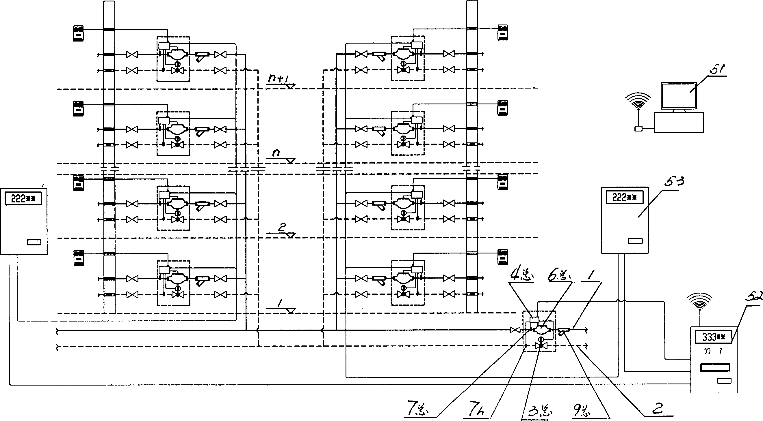 Double-pipe heat distribution metering management network system for central heating and its charging method