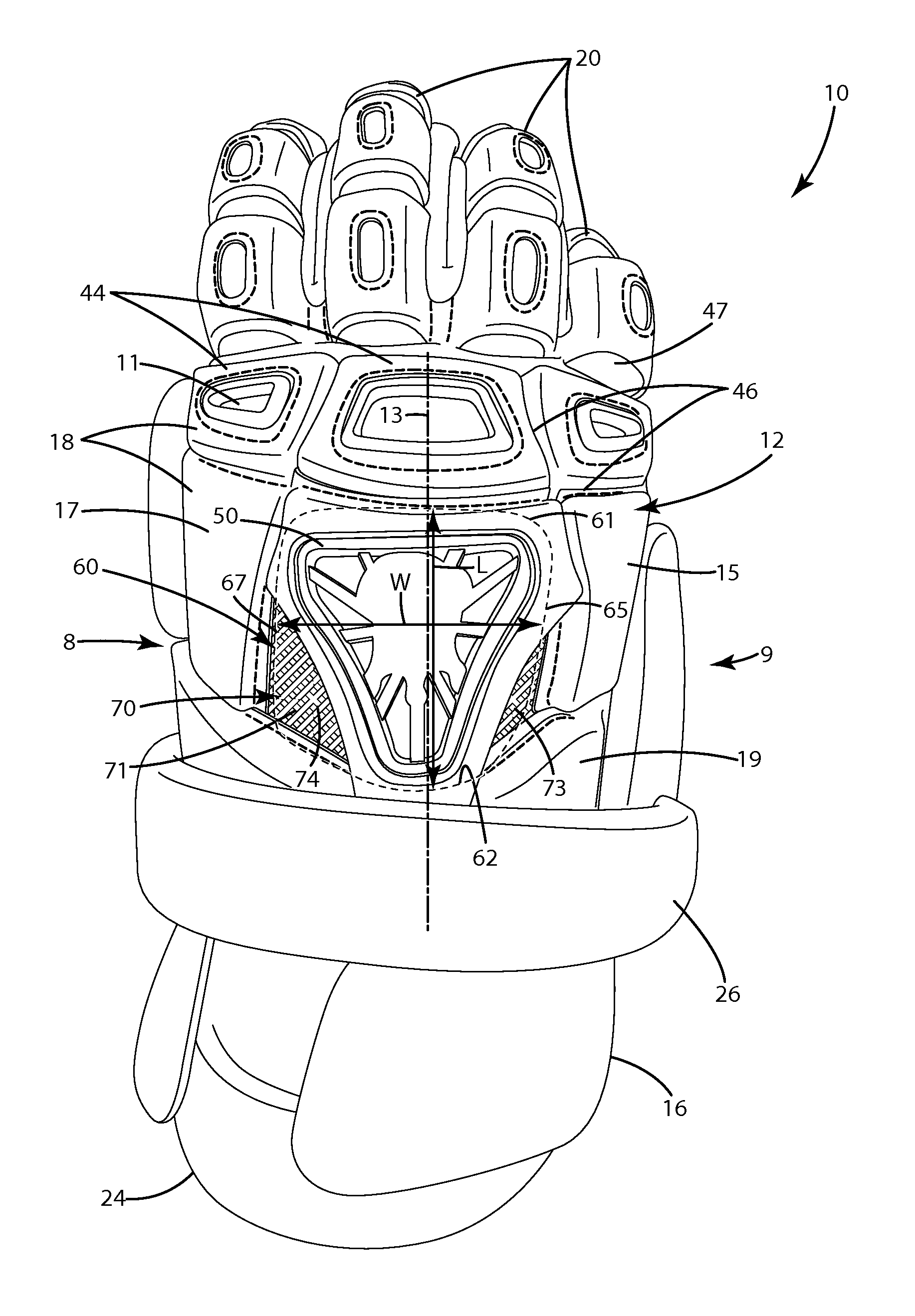 Protective glove having an arched panel