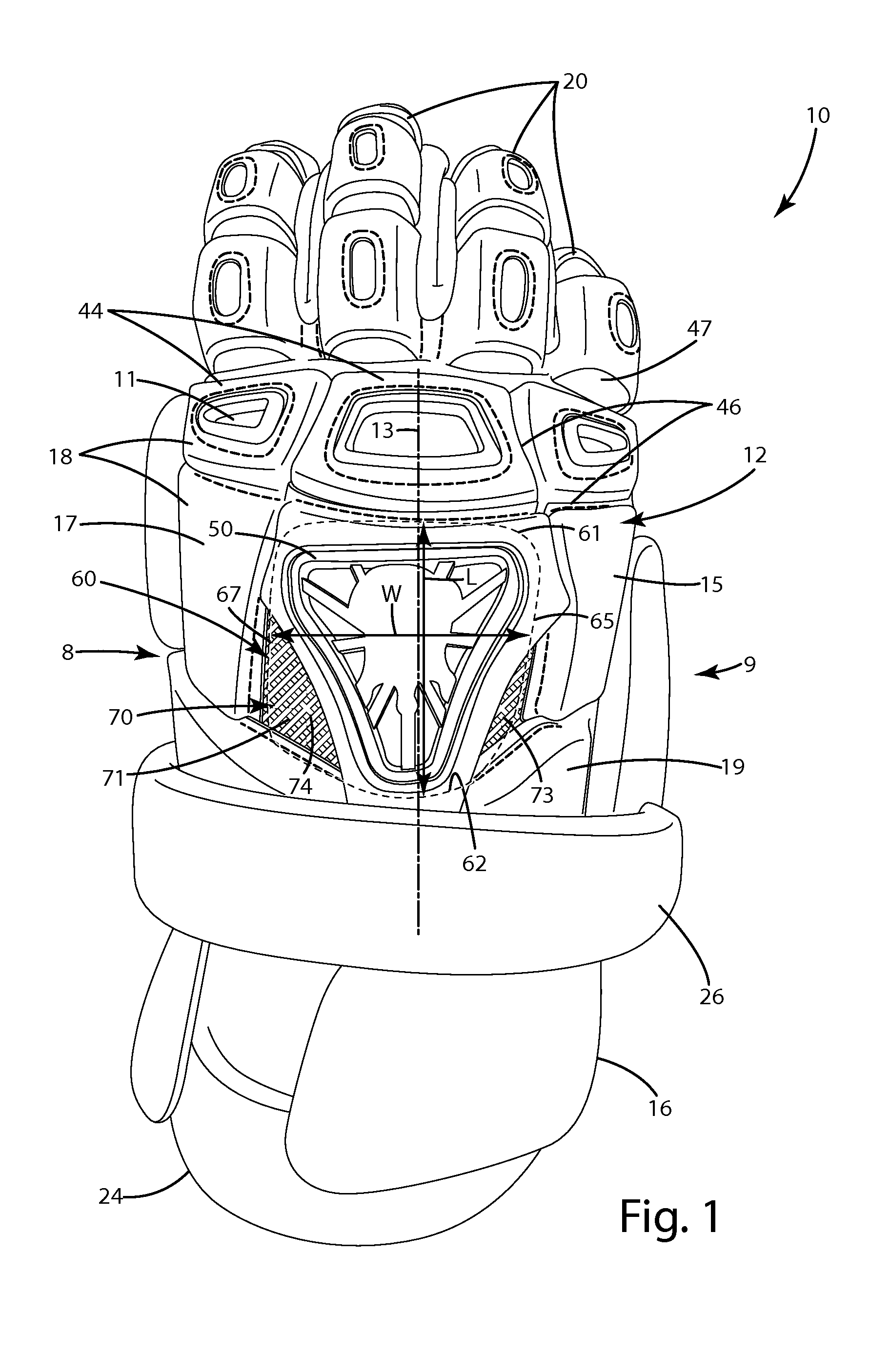 Protective glove having an arched panel