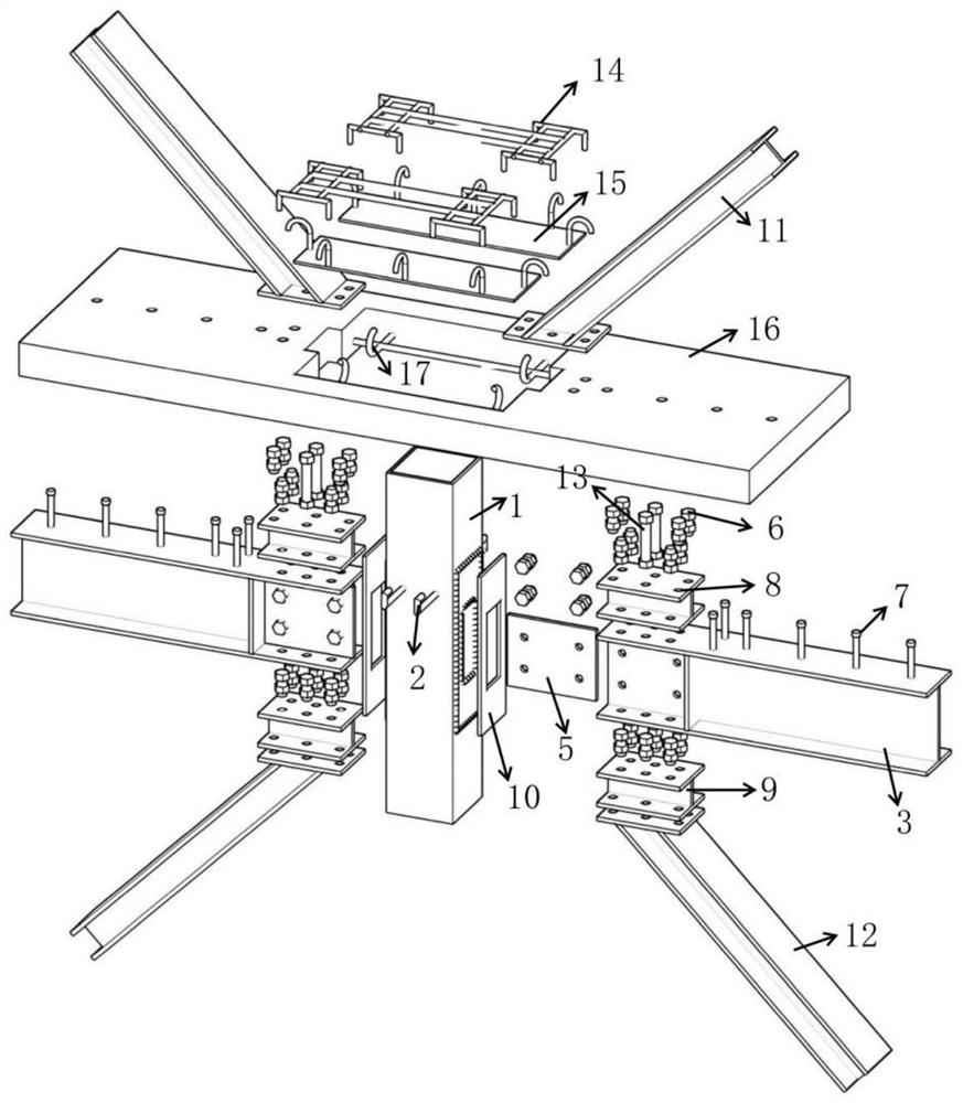 Concrete filled steel tube column-H-shaped steel beam-steel support-pi-shaped connecting piece combined type middle column middle joint and manufacturing method