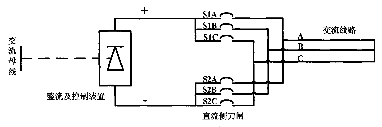 Method for automatically switching between DC ice melting three-phase AC line