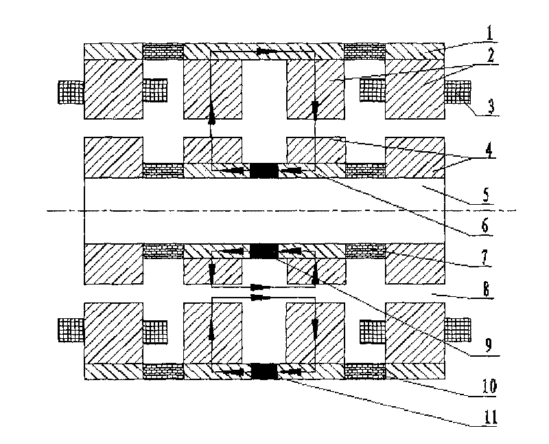 Radial magnetic bearing of low-power consumption inner rotor of permanent-magnetic up-attracting and down-repelling structure