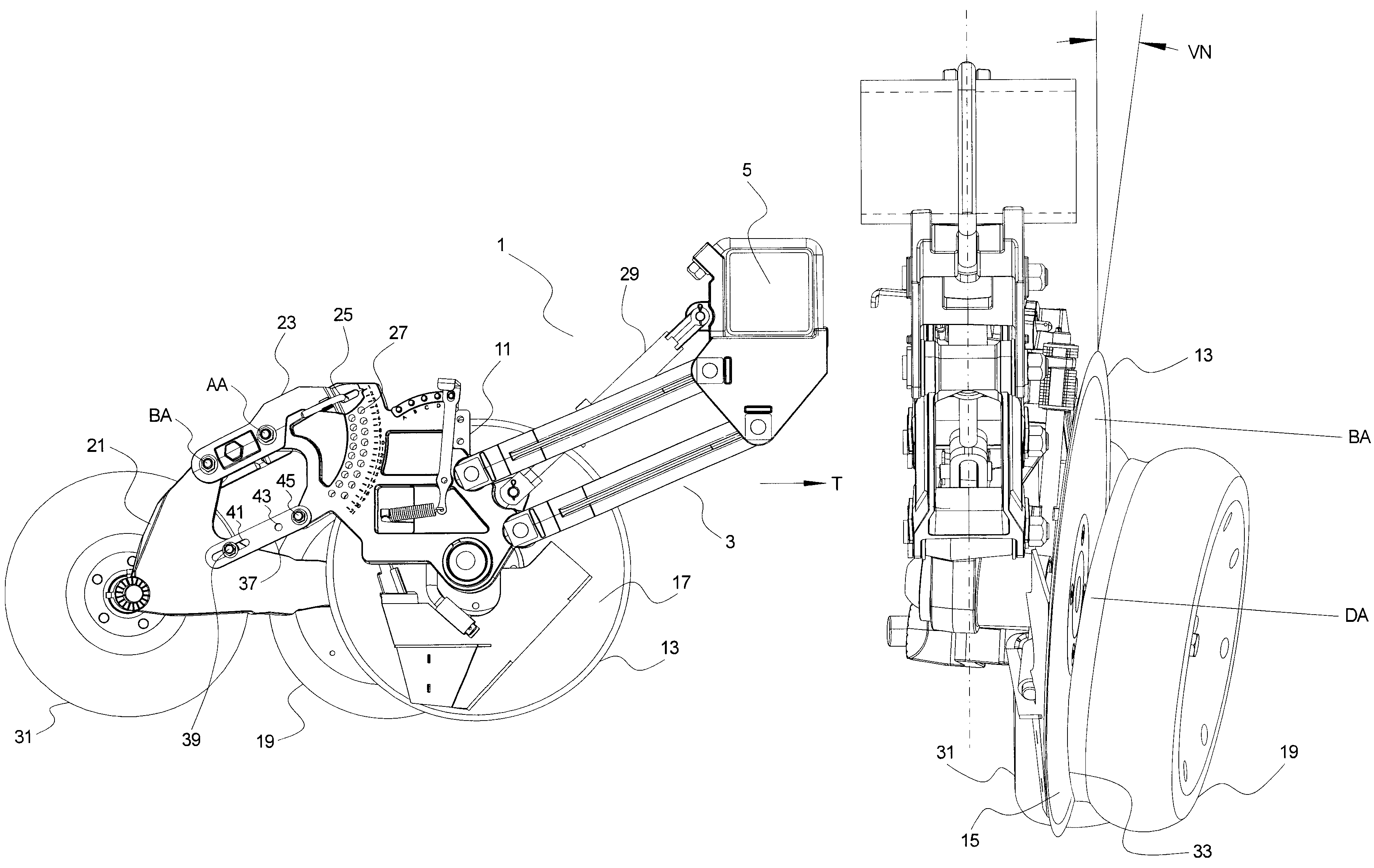 Single disc furrow opener with walking beam