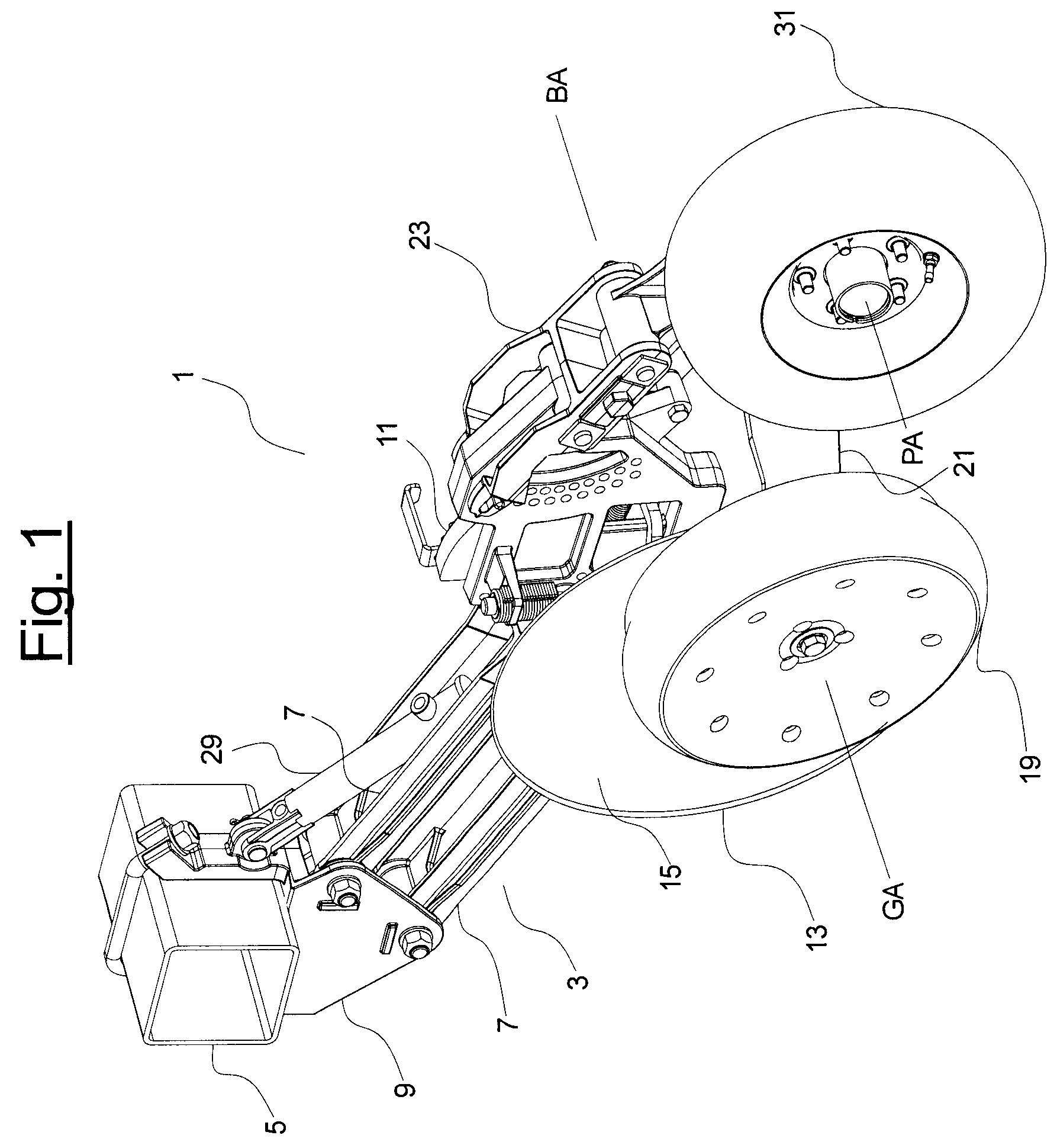 Single disc furrow opener with walking beam