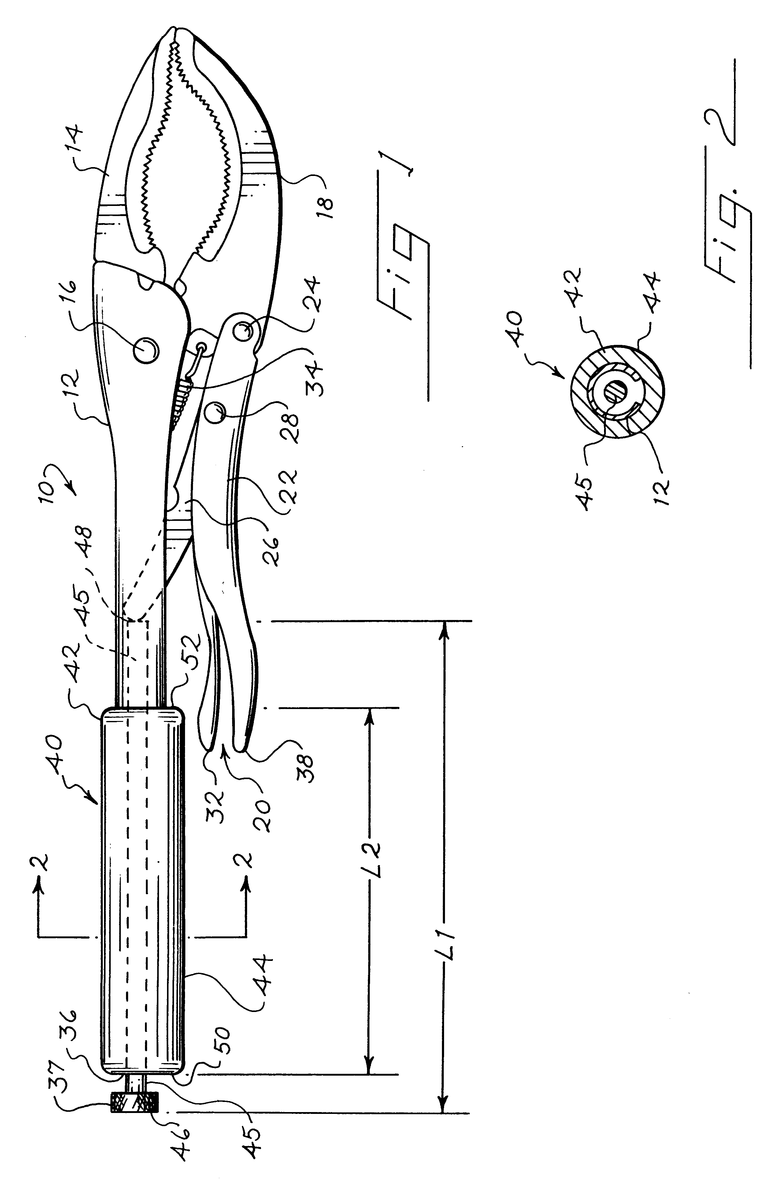 Locking pliers with extended grip