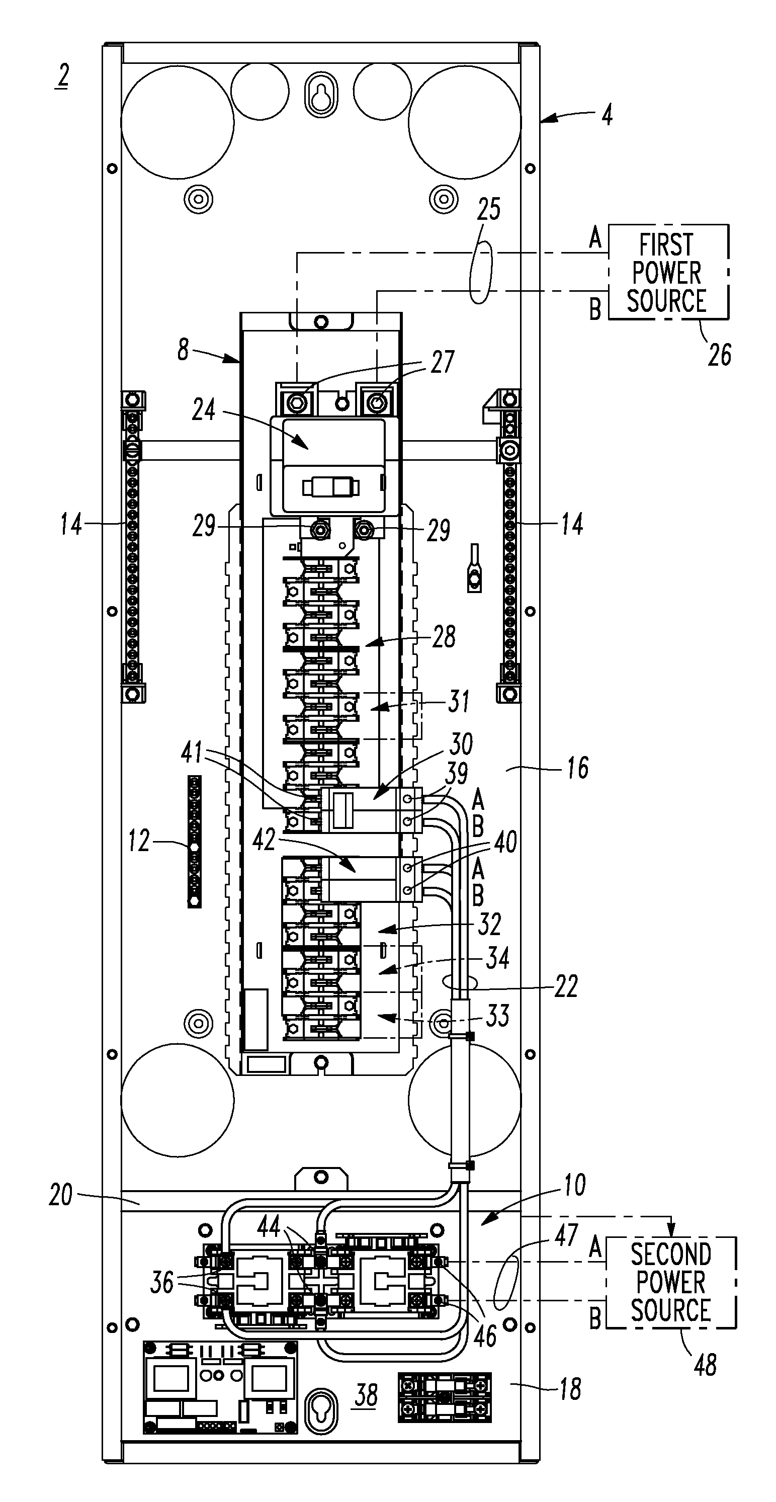 Electrical distribution panel including first non-critical load bus and second critical load bus