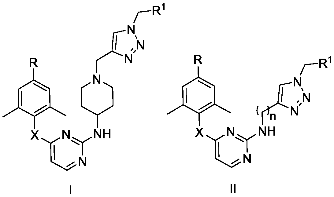 Monoaromatic miazine HIV-1 reverse transcriptase inhibitor containing triazole rings and preparation method and application thereof