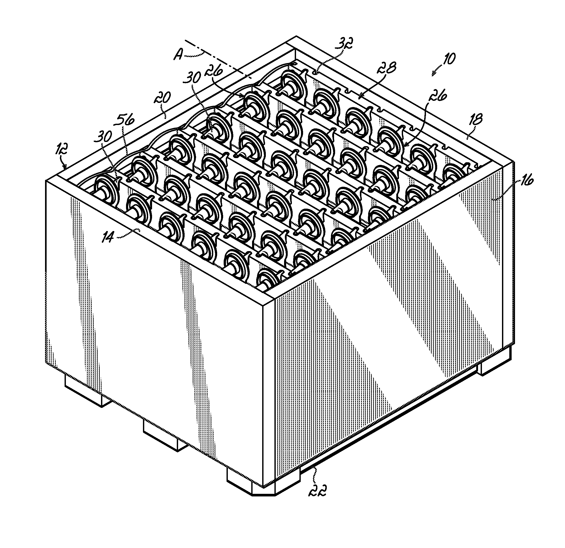 Container having sloped movable support member assemblies for supporting dunnage