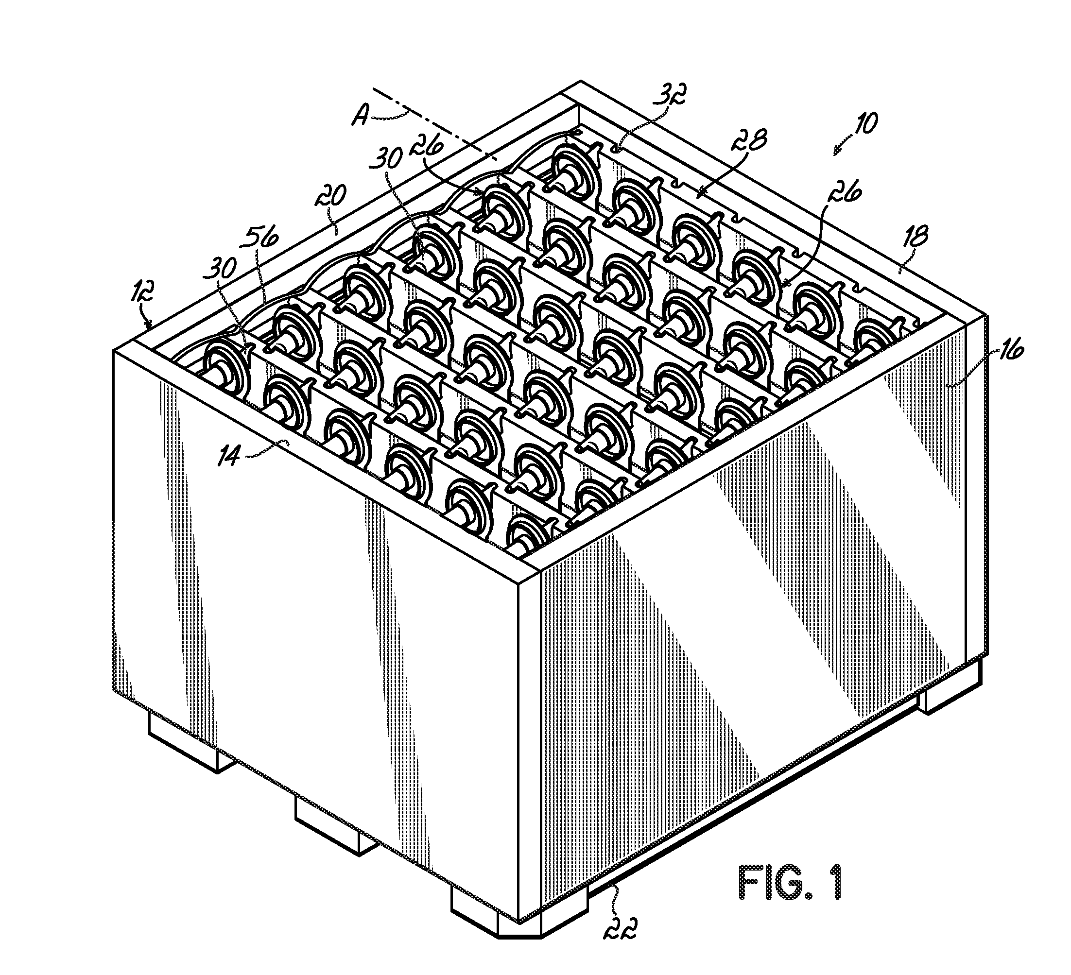 Container having sloped movable support member assemblies for supporting dunnage