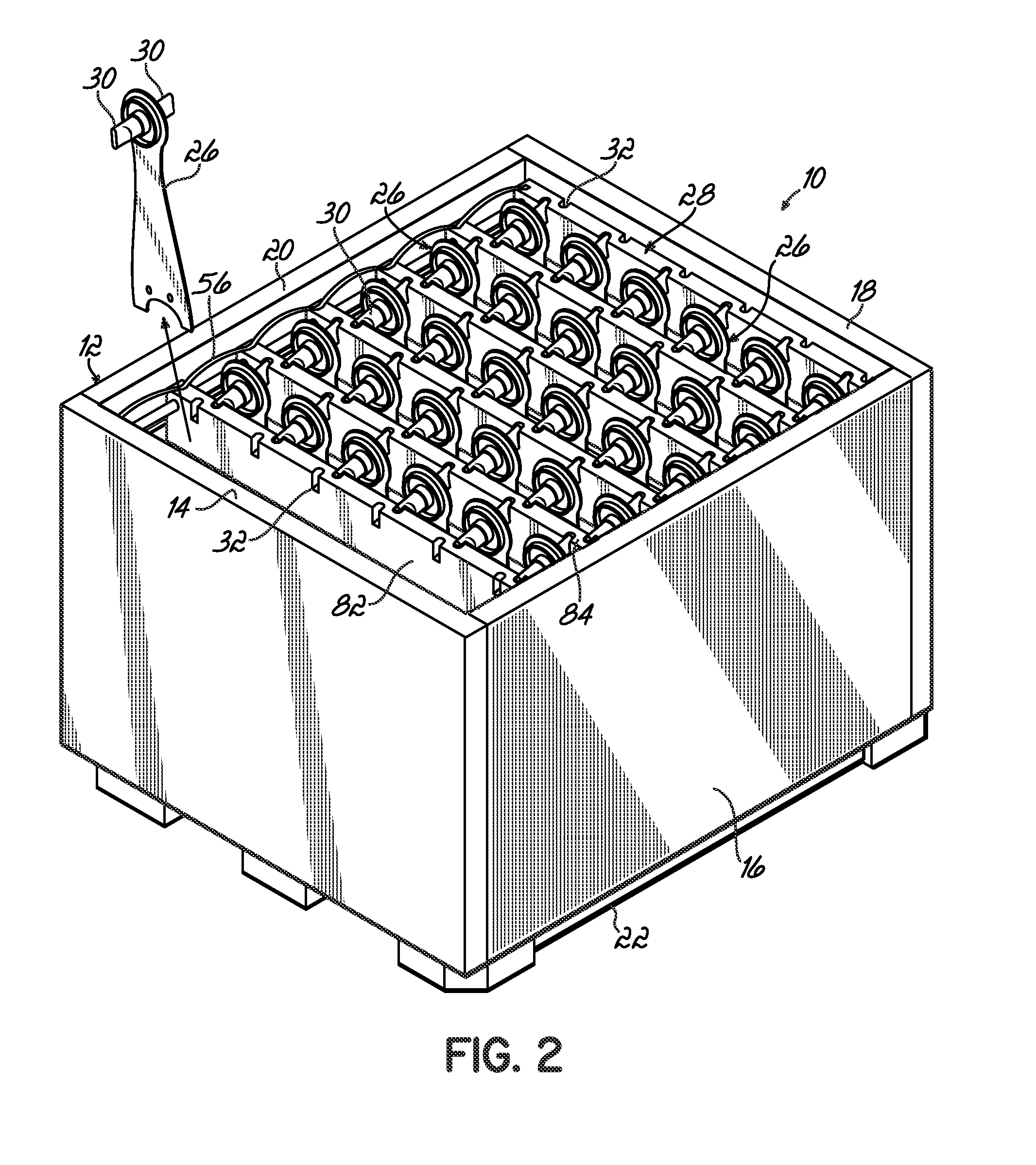 Container having sloped movable support member assemblies for supporting dunnage