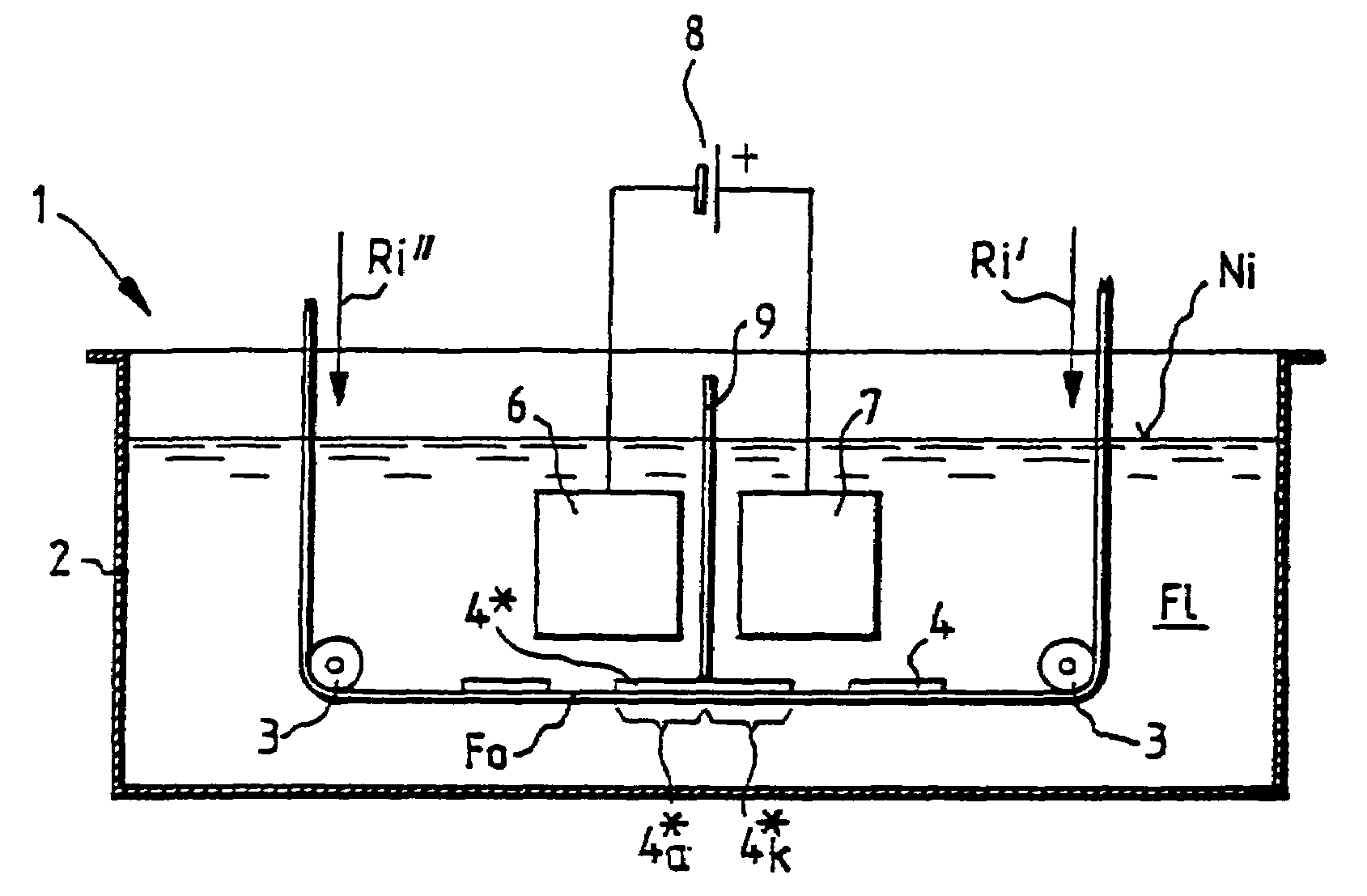 Method and device for the electrolytic treatment of electrically conducting structures which are insulated from each other and positioned on the surface of electrically insulating film materials and use of the method