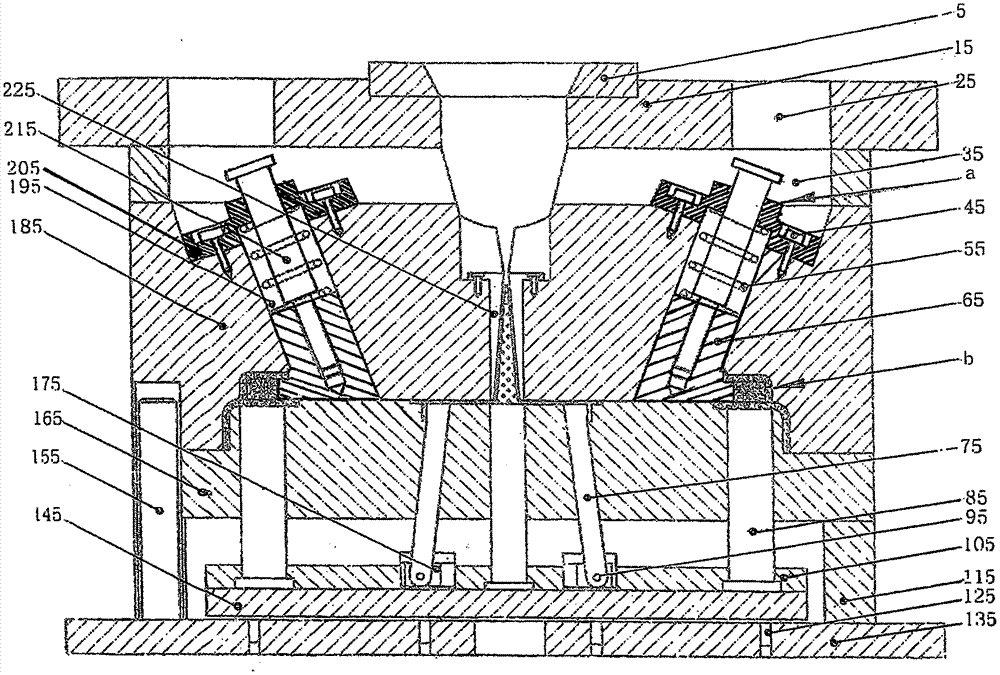 Die mechanism capable of realizing product formation by kiss-off through angle lifters and extraction of angle lifters from undercuts