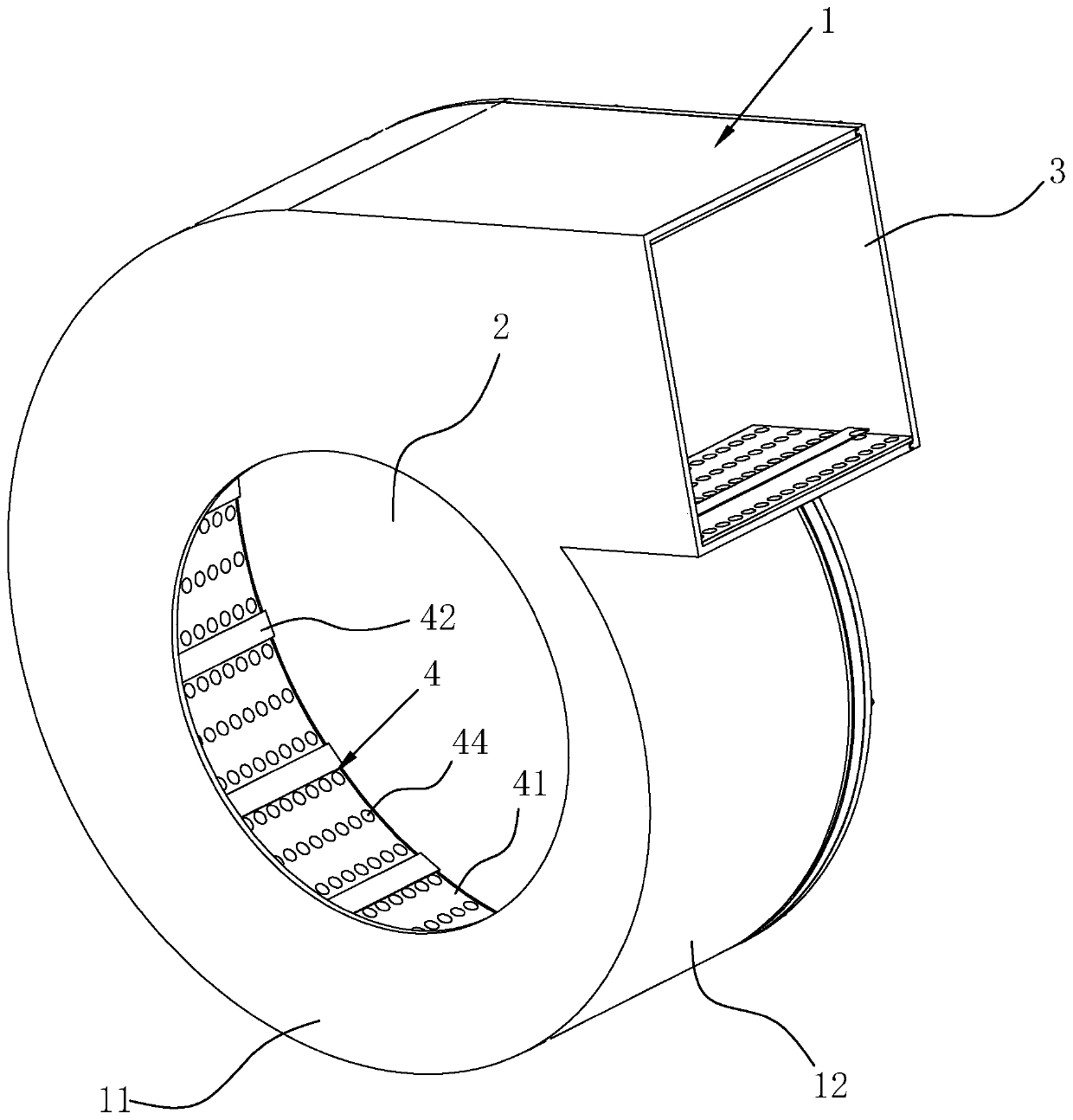 Fan volute with noise reduction device and assembly method thereof