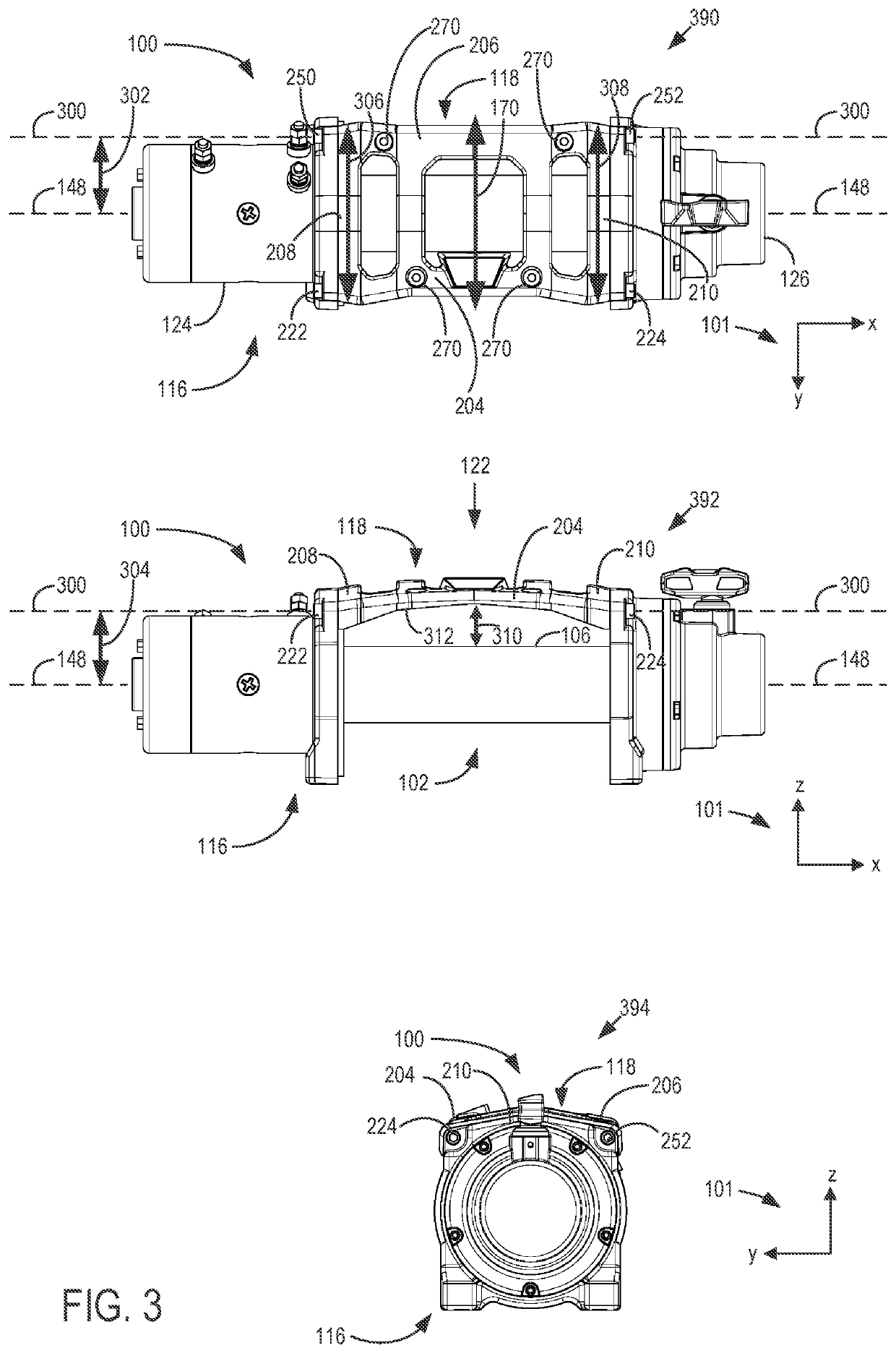 Winch including rotatable tie structure