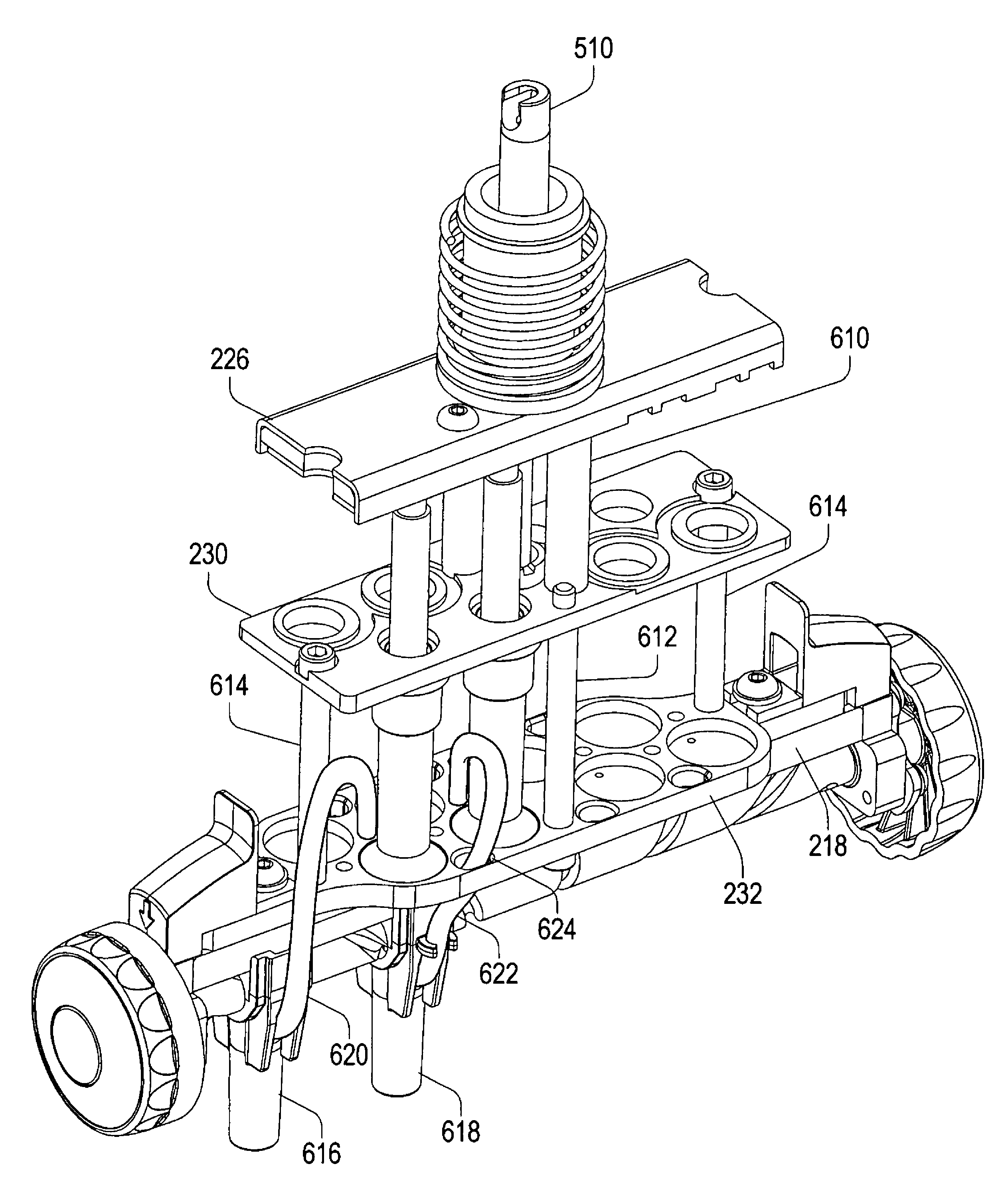 Liquid end assembly for a handheld multichannel pipette with adjustable nozzle spacing