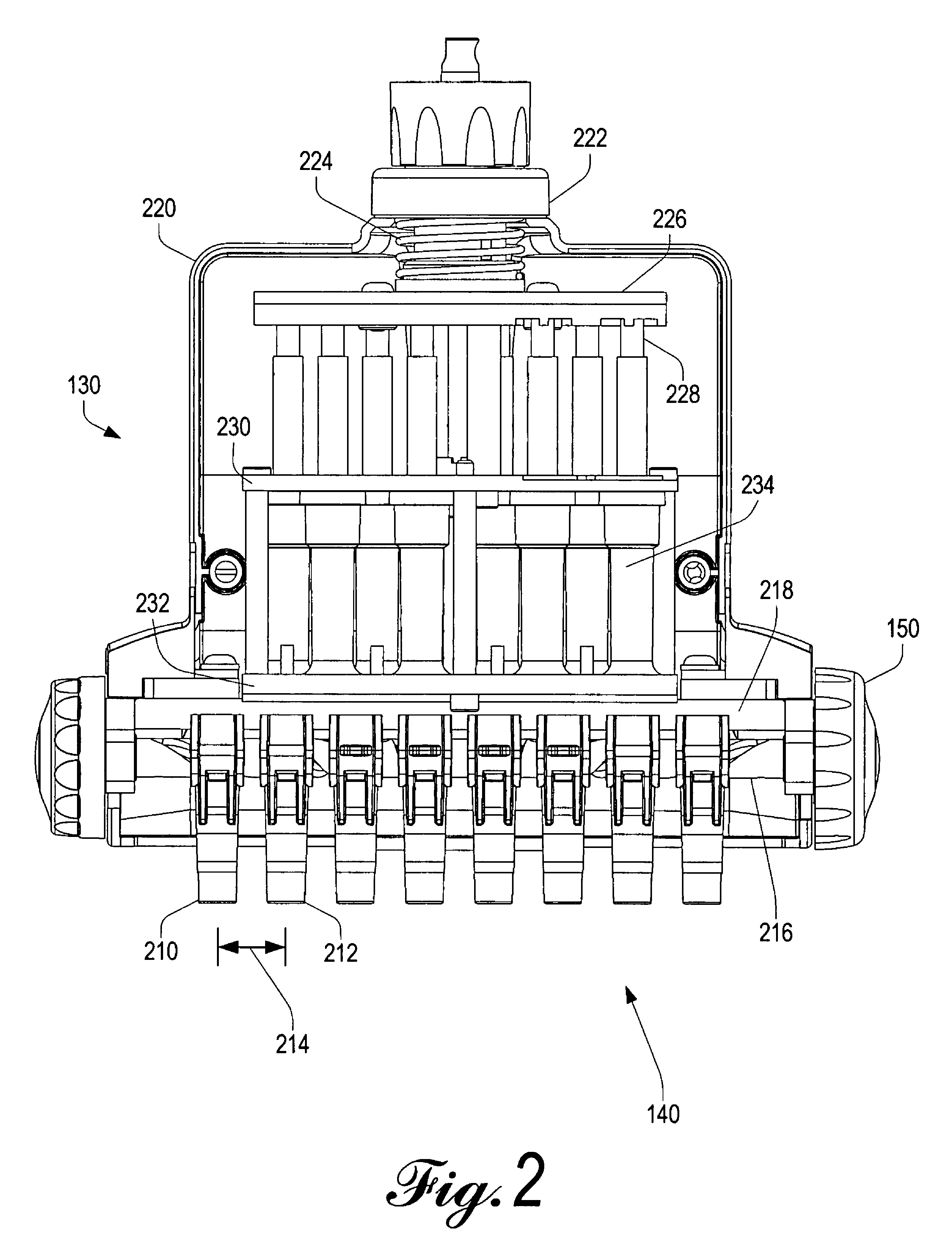 Liquid end assembly for a handheld multichannel pipette with adjustable nozzle spacing