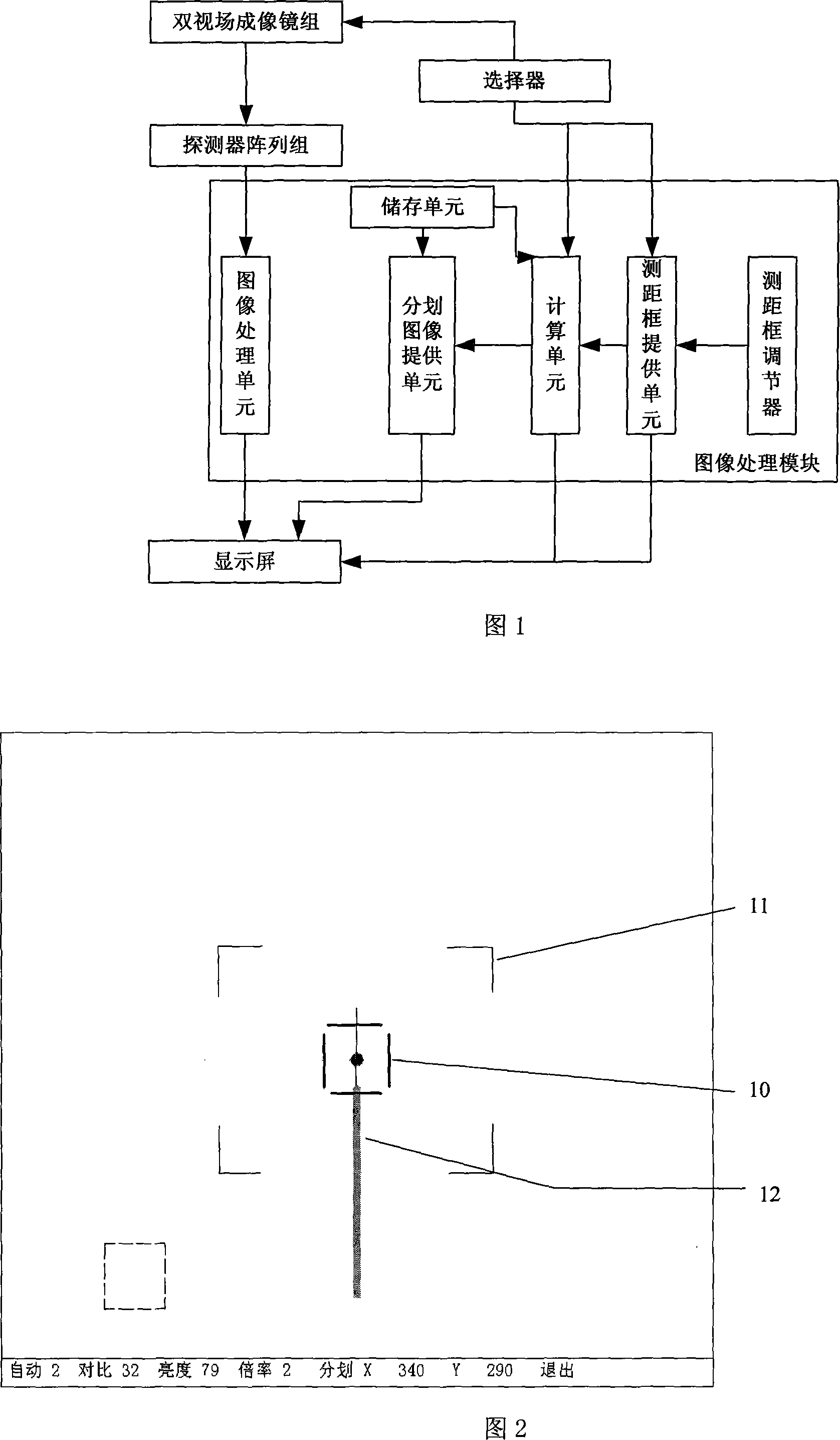 Double viewing field gun electronic range measurement and aiming device