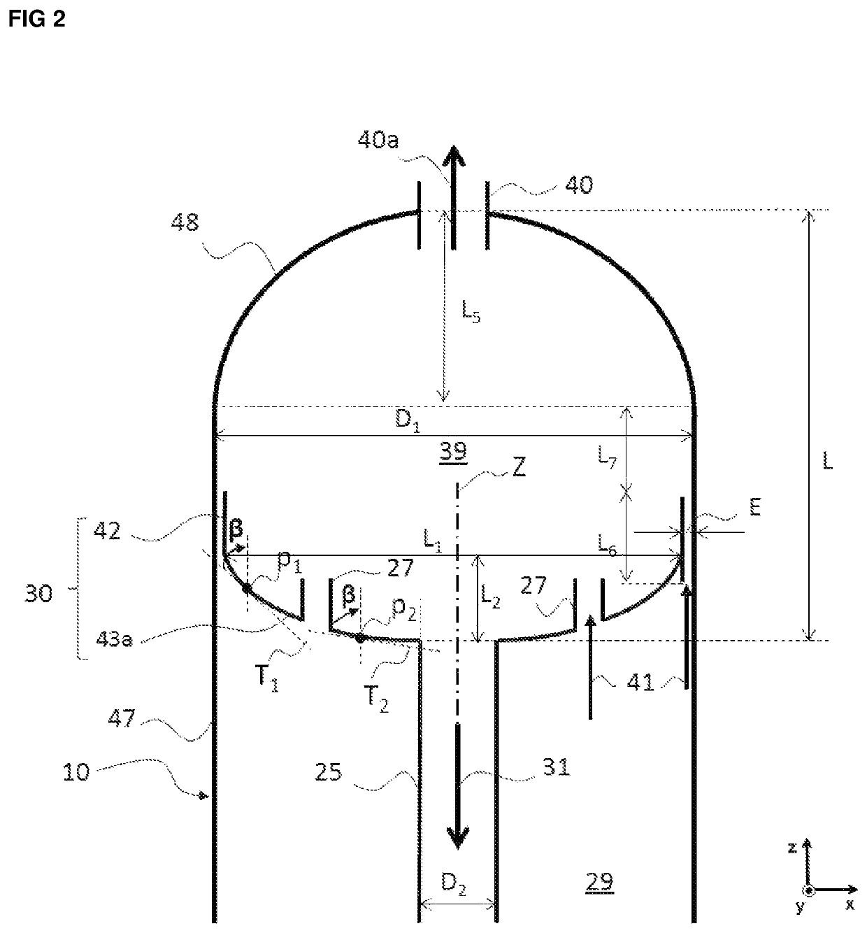 Three-phase reactor with recycle cup of decreasing section and of variable angle of inclination