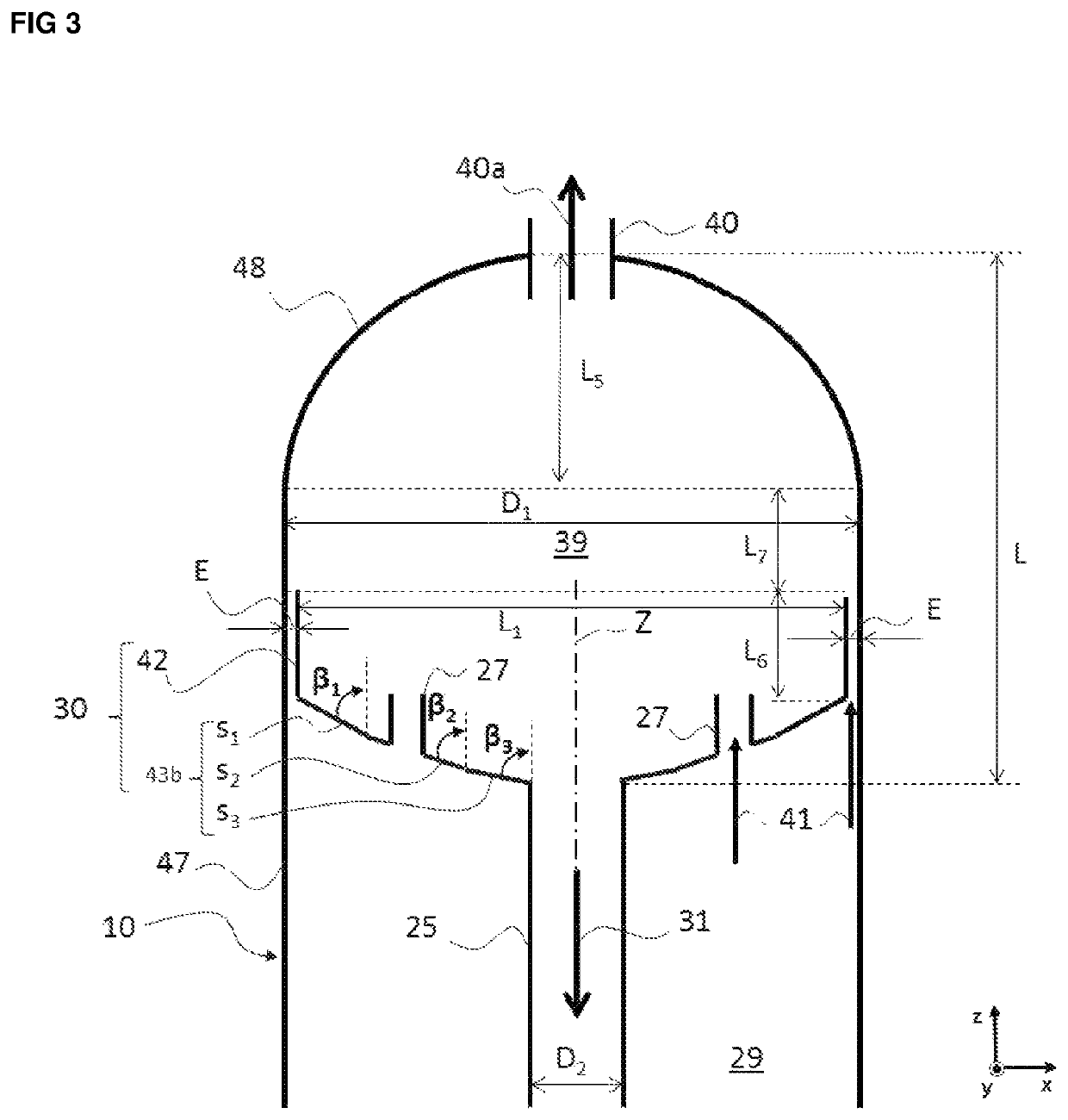 Three-phase reactor with recycle cup of decreasing section and of variable angle of inclination